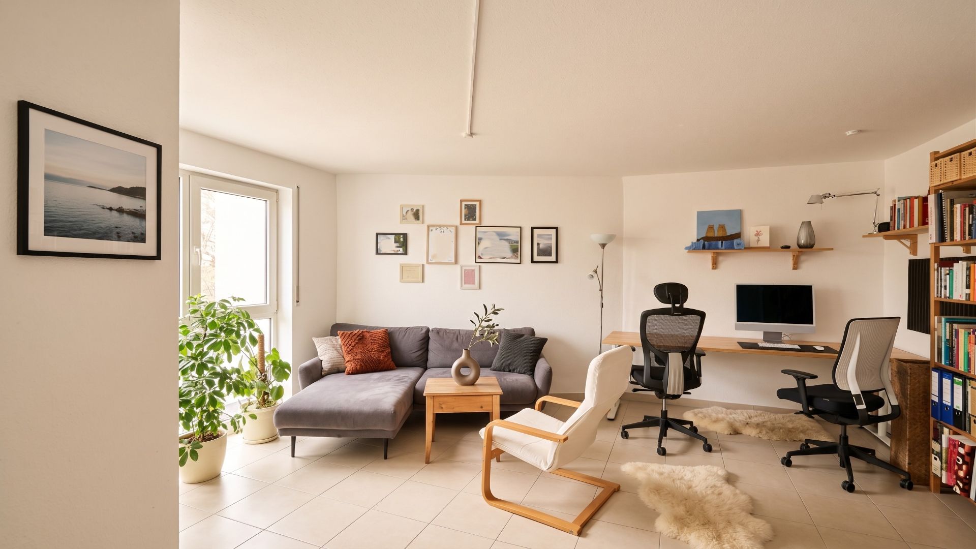 Wohnzimmer mit grauem Sofa, Schreibtisch, Bücherregal, Pflanzen und Bildern an der Wand.