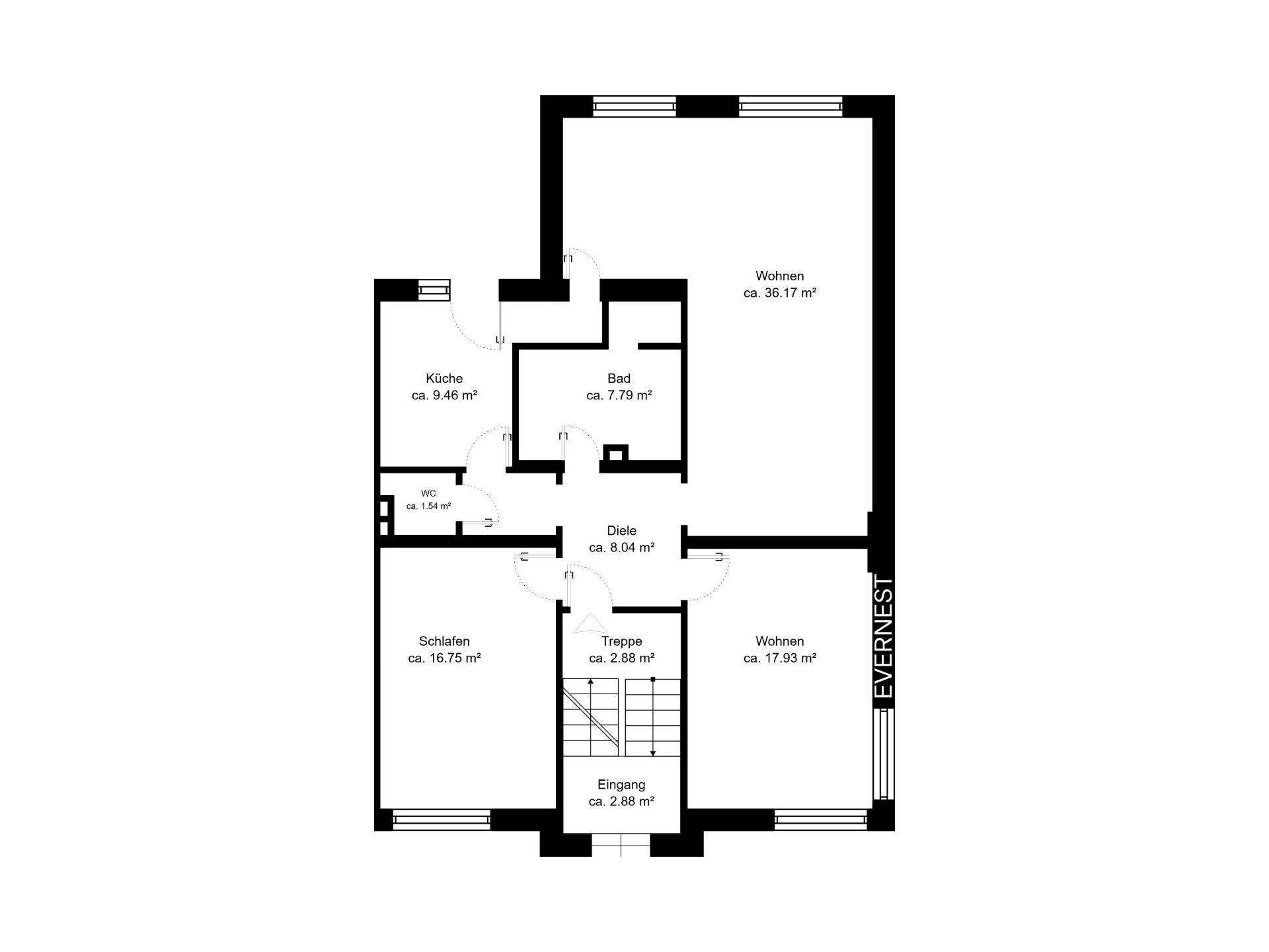 Grundriss einer Wohnung mit Küche, Bad, WC, Schlafen, Diele, zwei Wohnzimmern und Treppe.