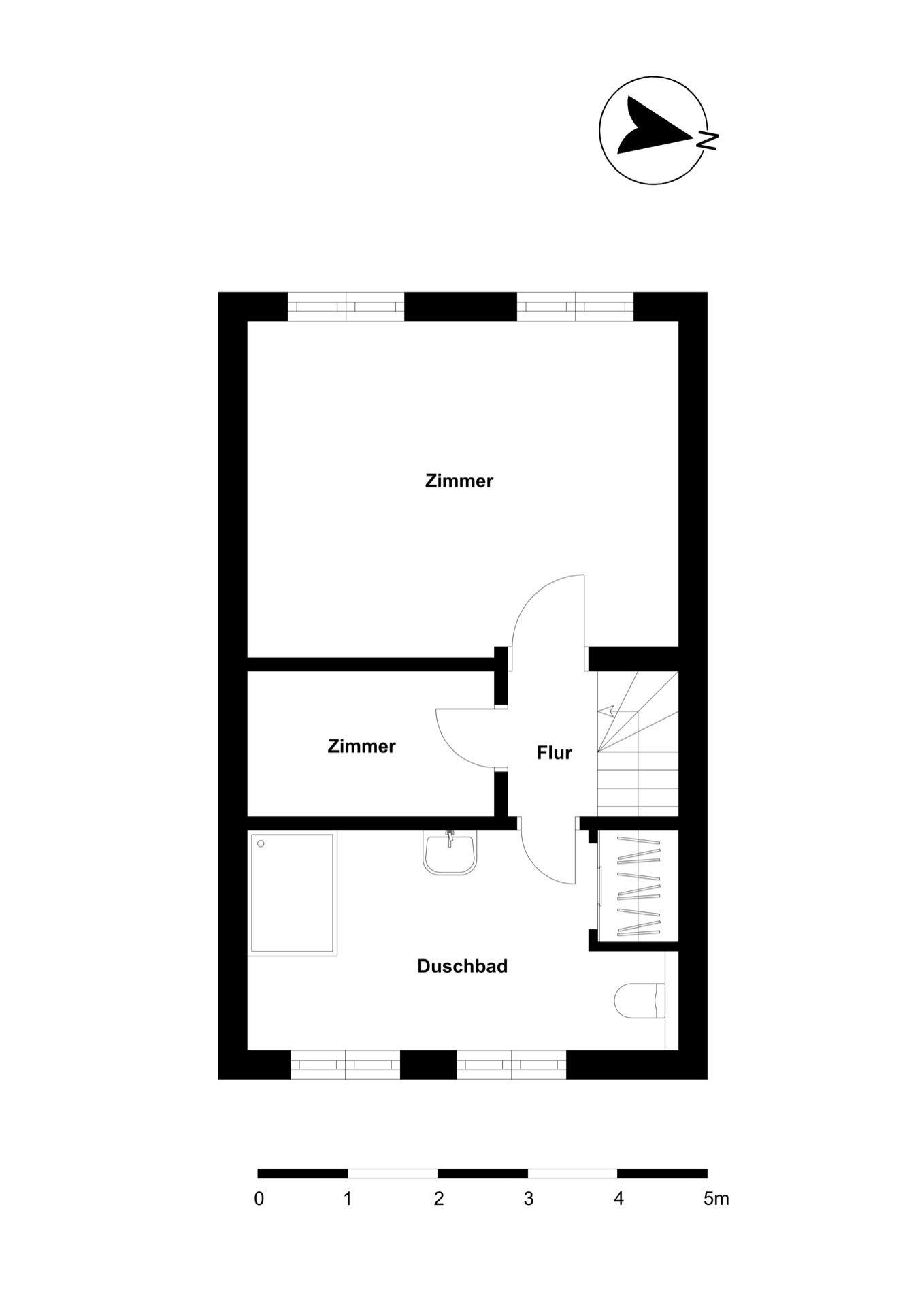 Grundriss mit zwei Zimmern, Flur, Duschbad und Treppe, Maßstab unten.