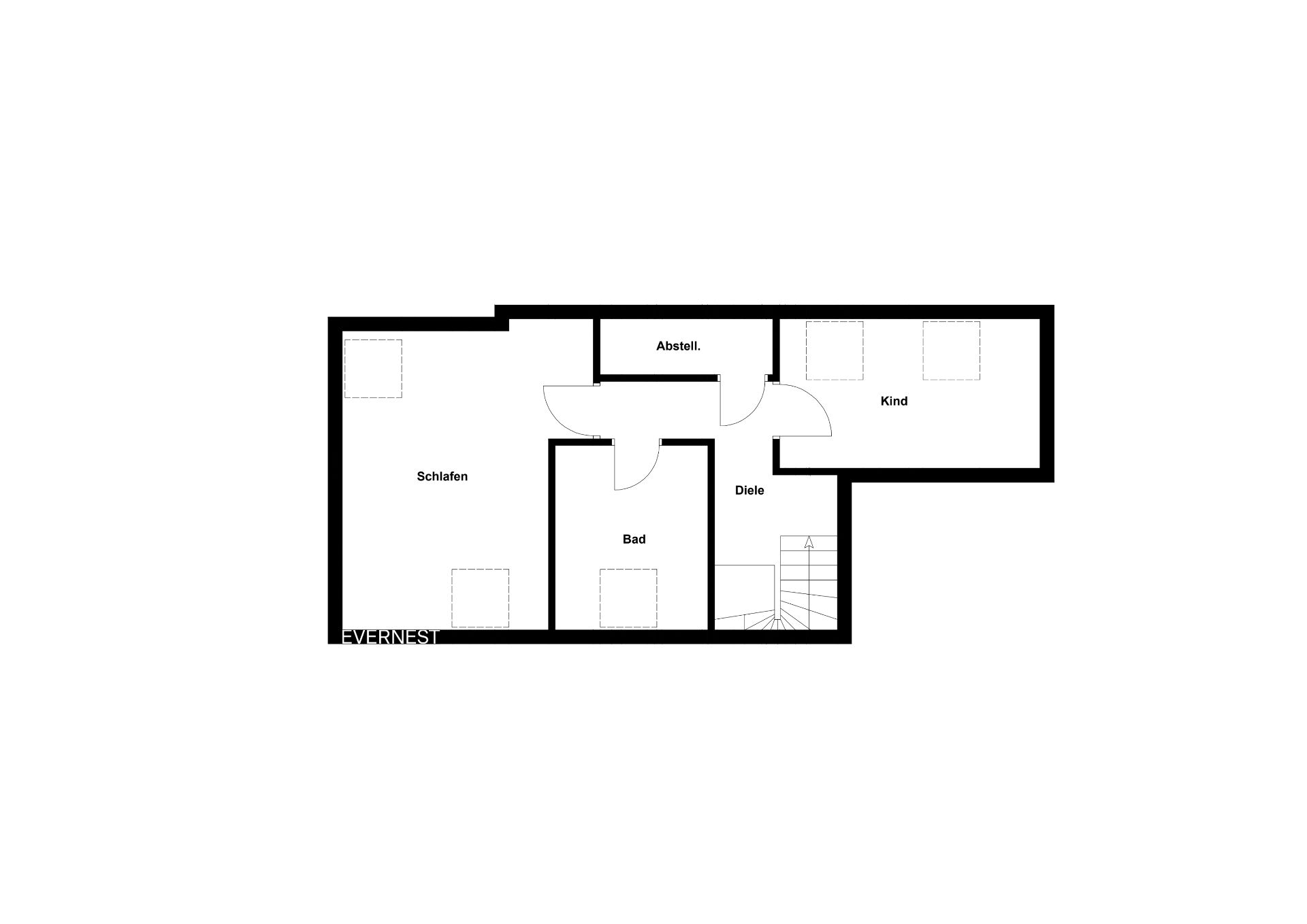 Grundriss mit Schlafzimmer, Kinderzimmer, Bad, Diele, Abstellraum und Treppe.