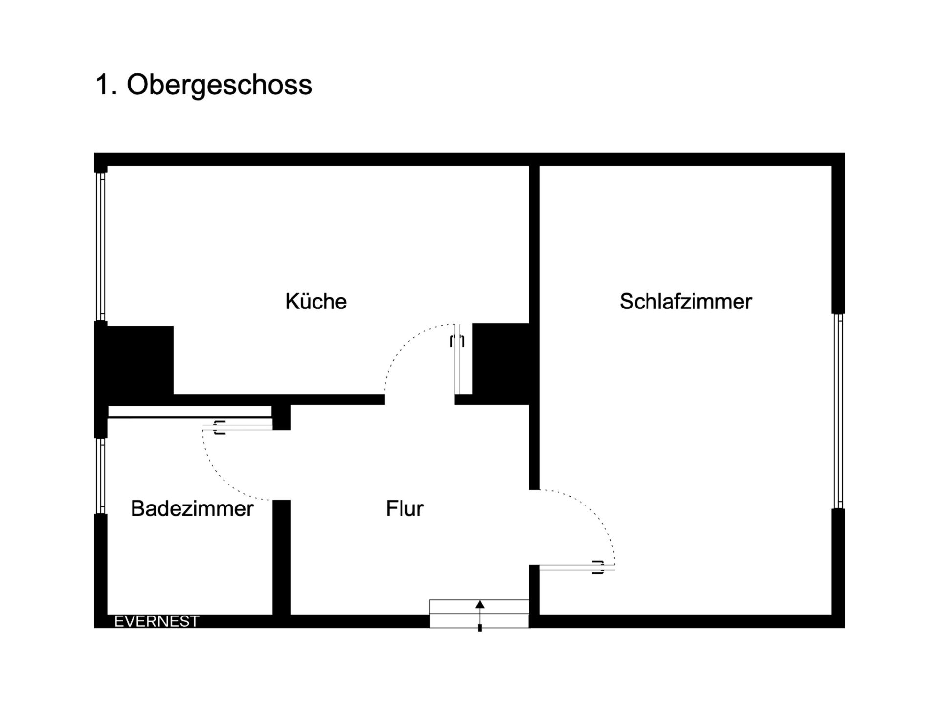Grundriss des 1. Obergeschosses mit Küche, Schlafzimmer, Badezimmer und Flur.