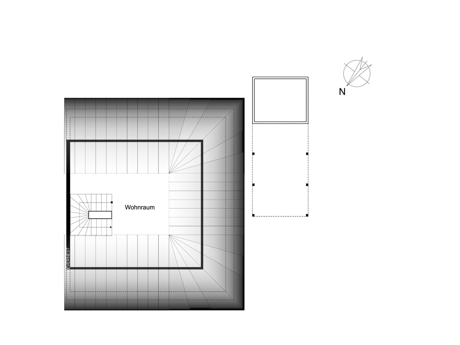 Grundriss mit einem großen Wohnraum und Treppe, Norden ist oben markiert.