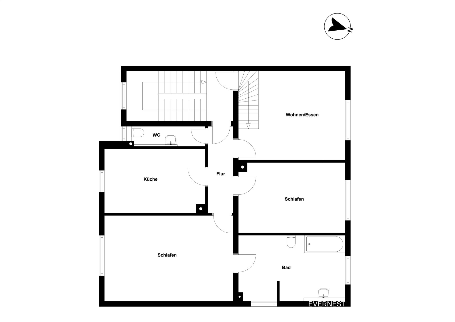 Grundriss einer Wohnung mit Küche, Bad, WC, zwei Schlafzimmern und Wohn-/Essbereich.