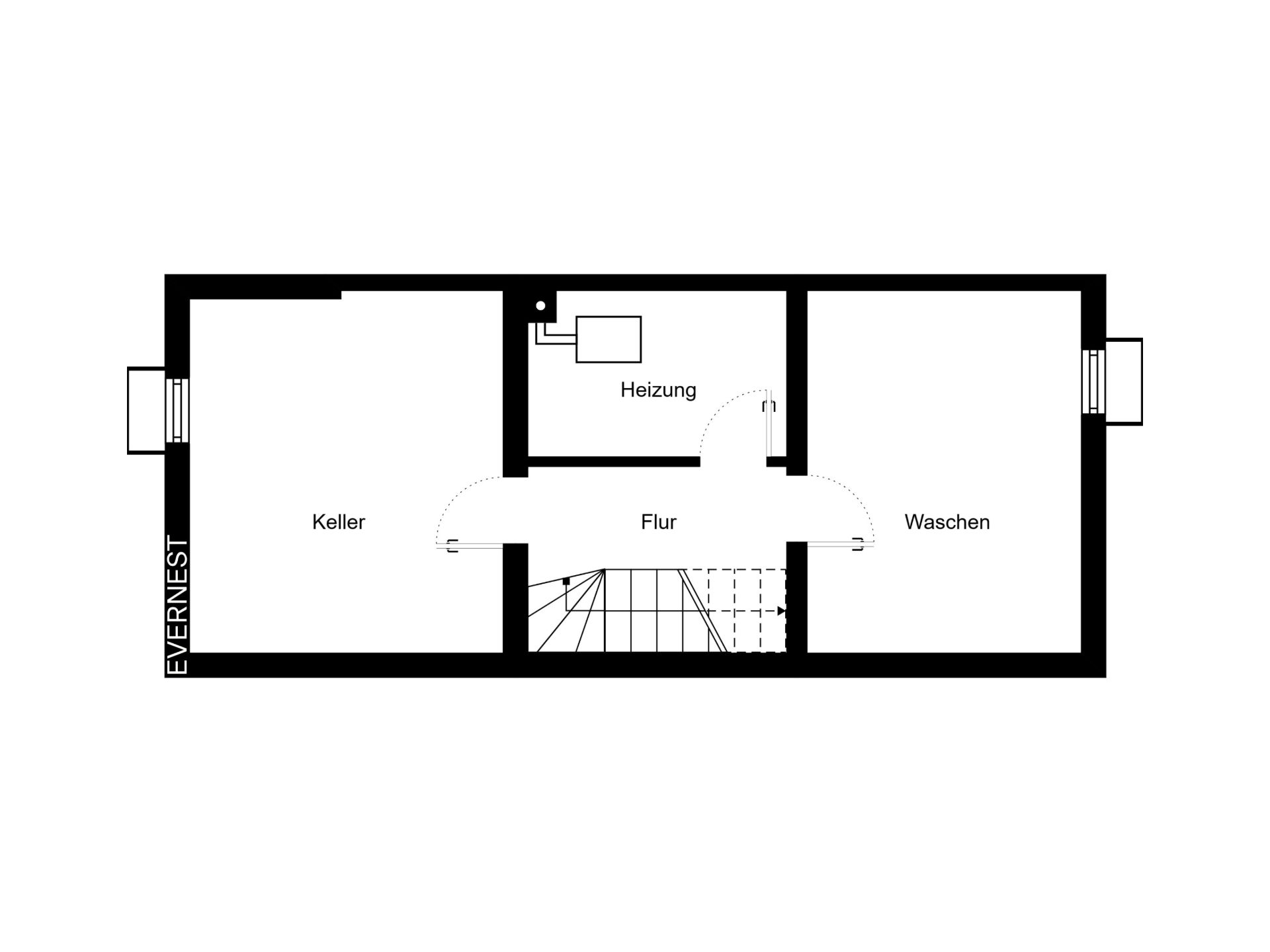 Grundriss eines Kellers mit Räumen für Heizung, Waschen und Keller sowie Flur und Treppe.