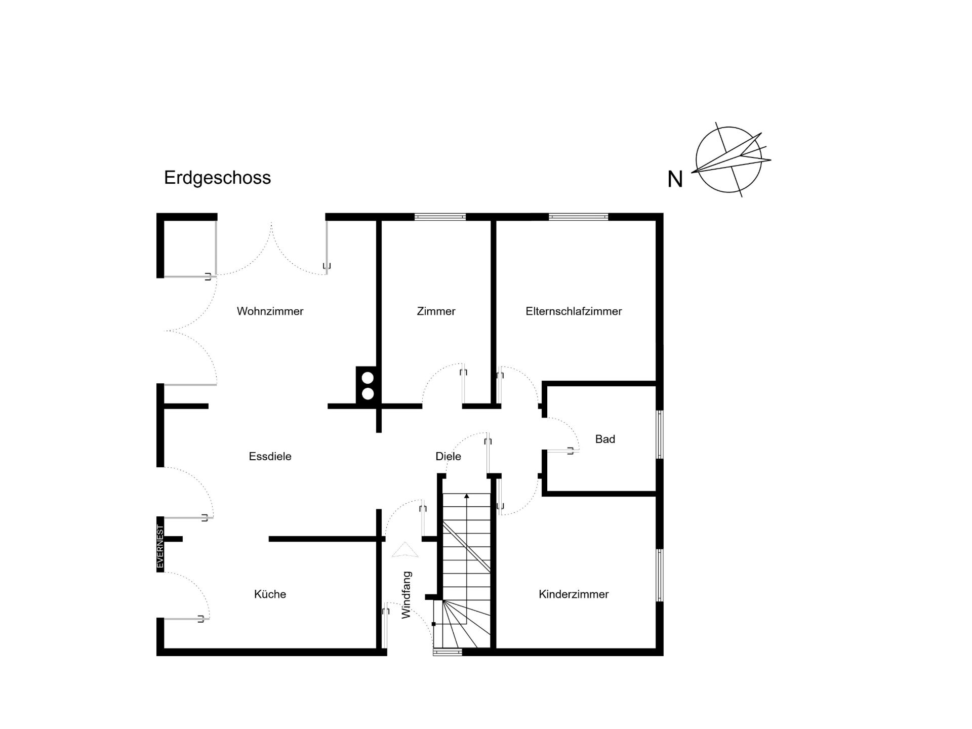Grundriss des Erdgeschosses mit Wohnzimmer, Essdiele, Küche, Bad, Kinderzimmer und Schlafzimmer.