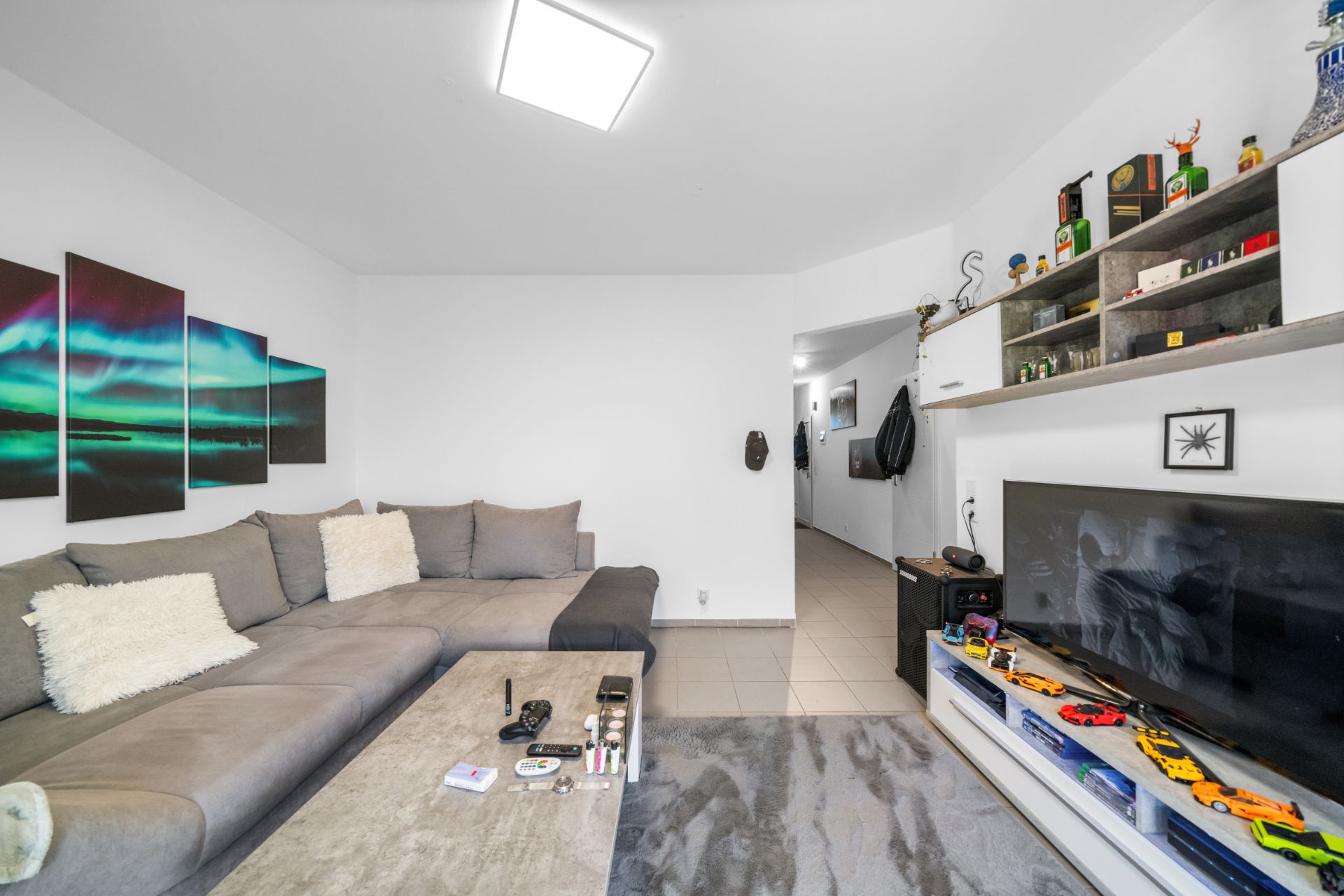 Wohnzimmer mit grauem Ecksofa, Couchtisch, großem Fernseher und Wandregal mit Deko und Modellen.