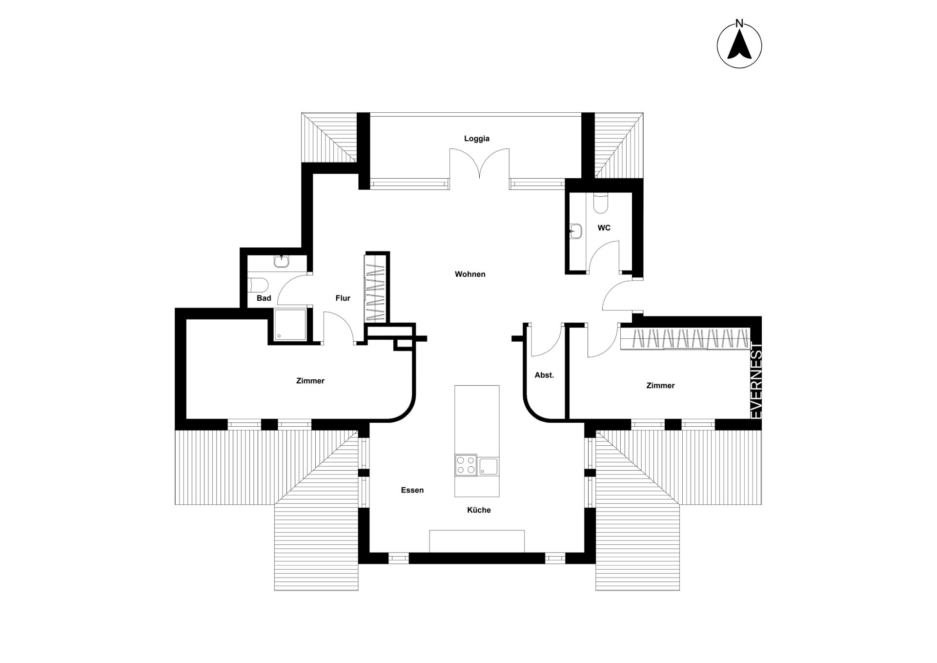 Grundriss einer Wohnung mit zwei Zimmern, Küche, Bad, WC, Abstellraum und Loggia.