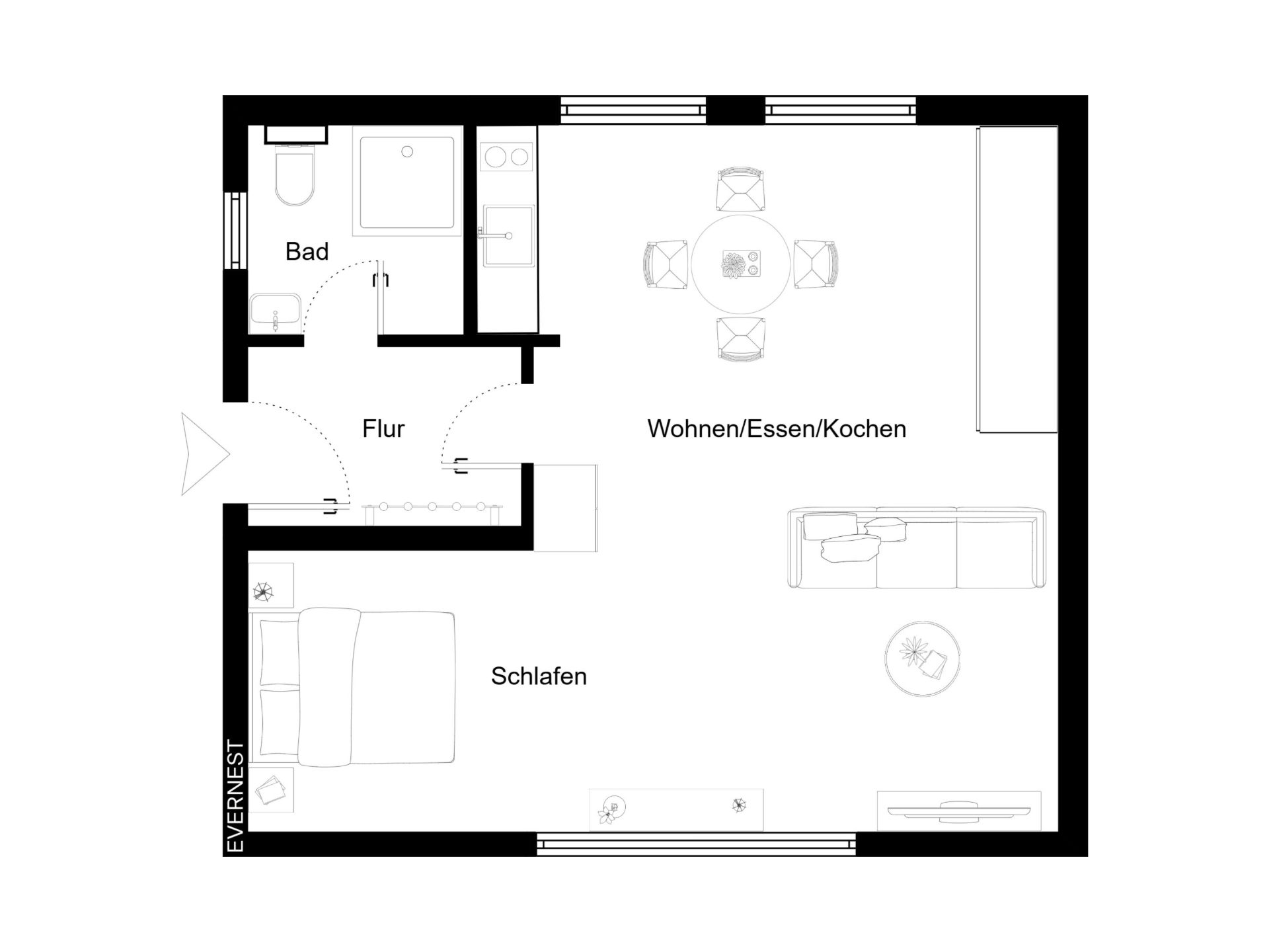 Grundriss einer Wohnung mit Schlaf-, Wohn-, Ess-, Kochbereich, Bad und Flur.