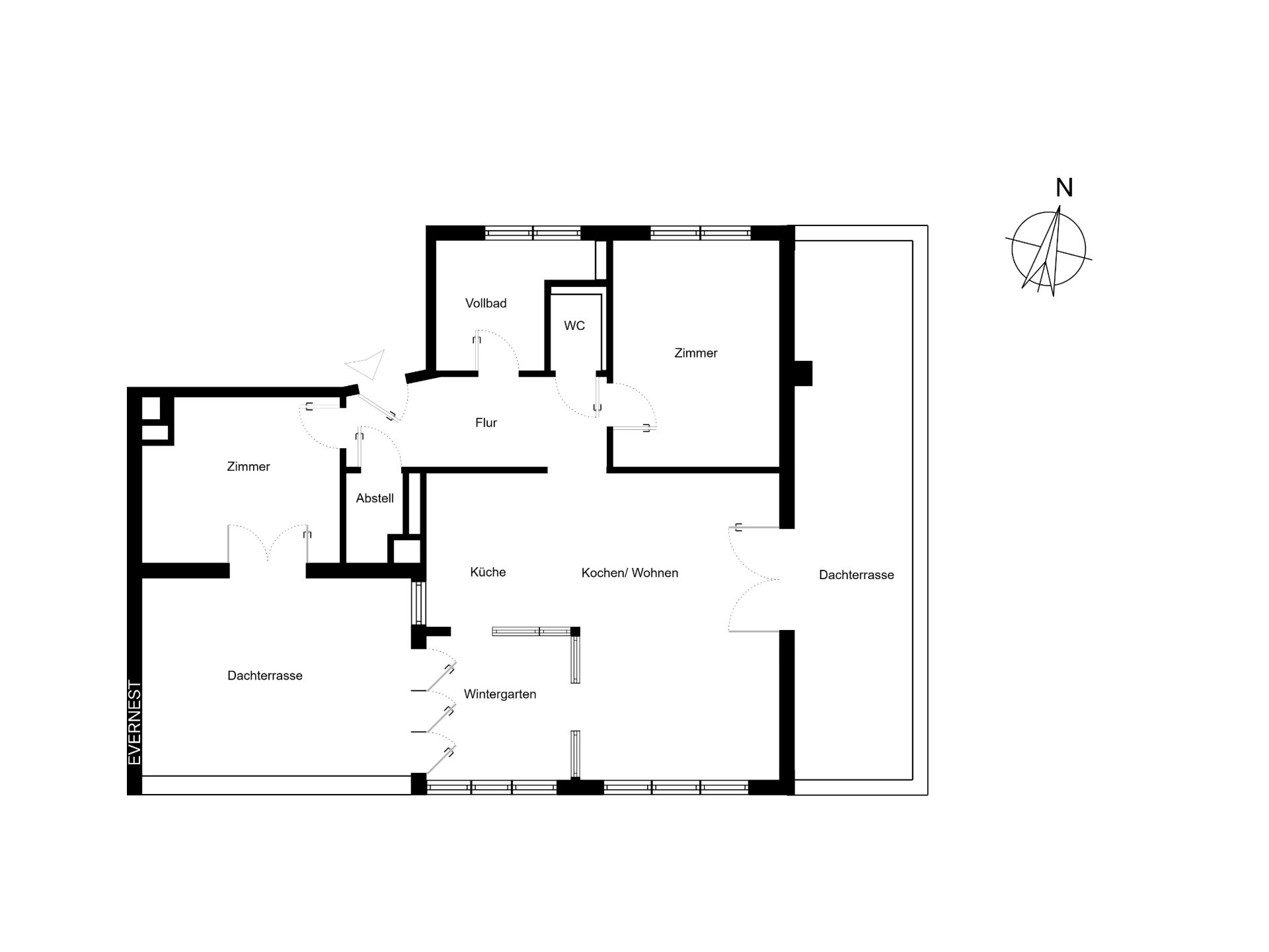 Grundriss einer Wohnung mit Zimmern, Küche, Bad, Wintergarten und zwei Dachterrassen.