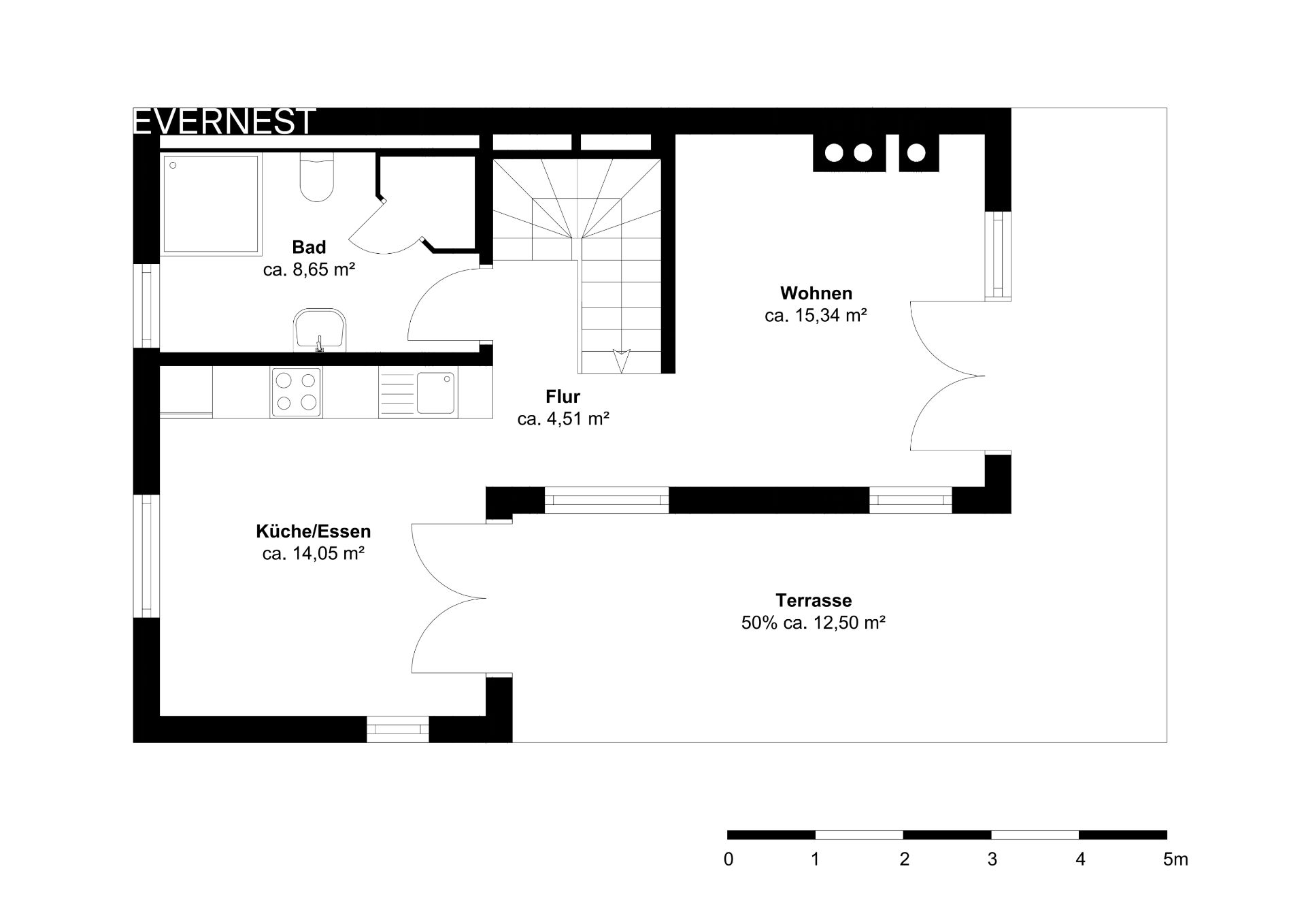 Grundriss einer Wohnung mit Bad, Küche/Essbereich, Flur, Wohnzimmer und Terrasse.