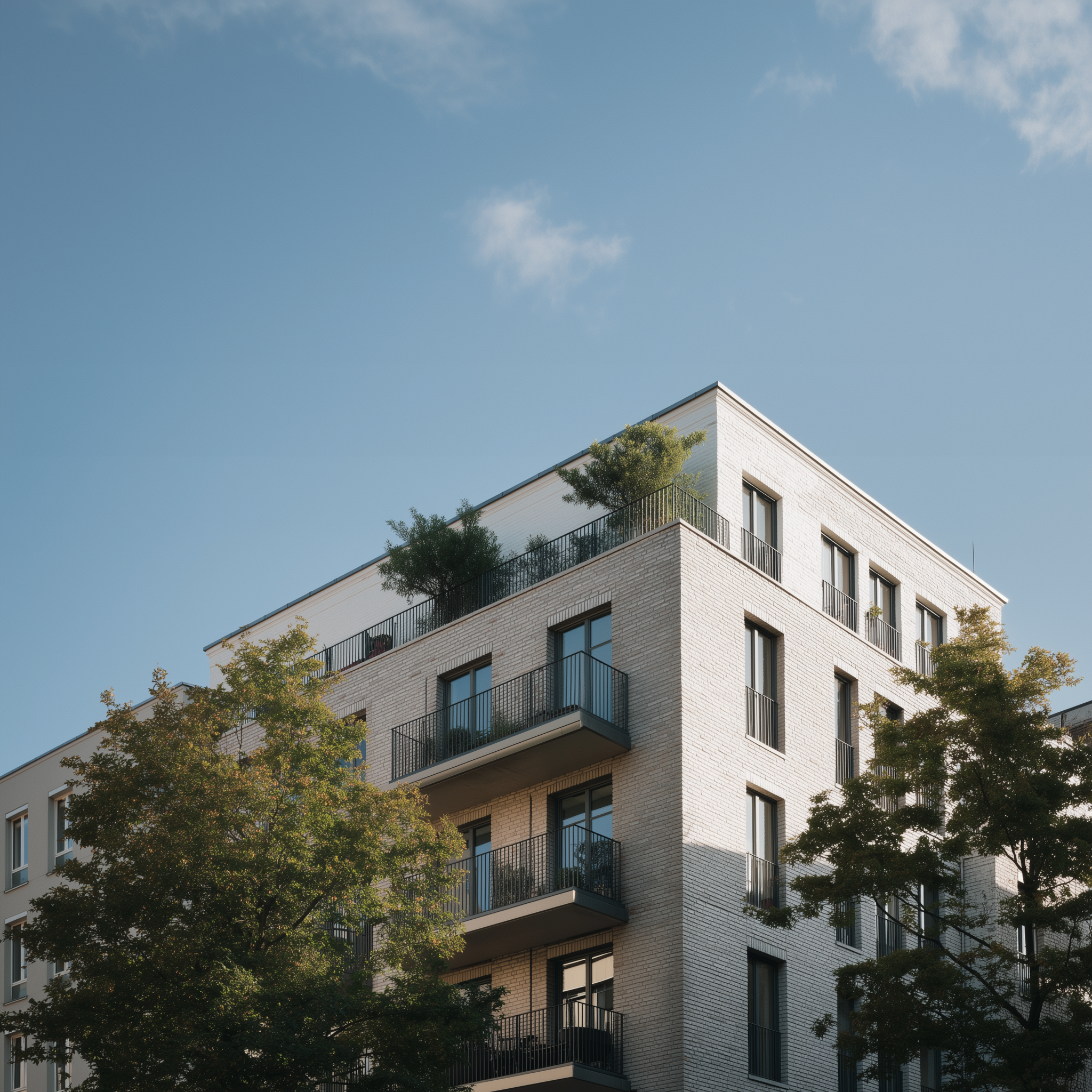 Modernes Wohngebäude mit Balkonen und Pflanzen auf dem Dach, umgeben von Bäumen.
