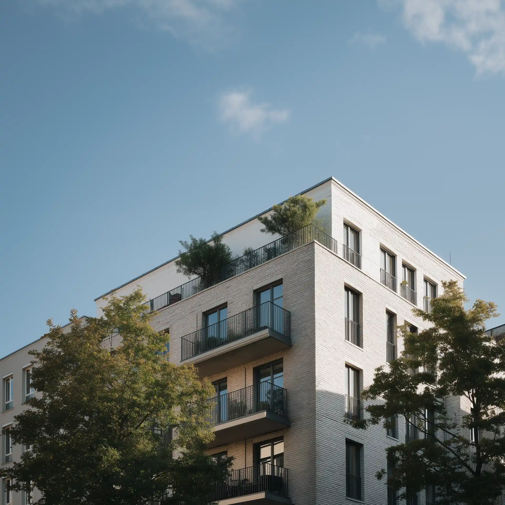 Modernes Wohngebäude mit Balkonen und Pflanzen auf dem Dach, umgeben von Bäumen.