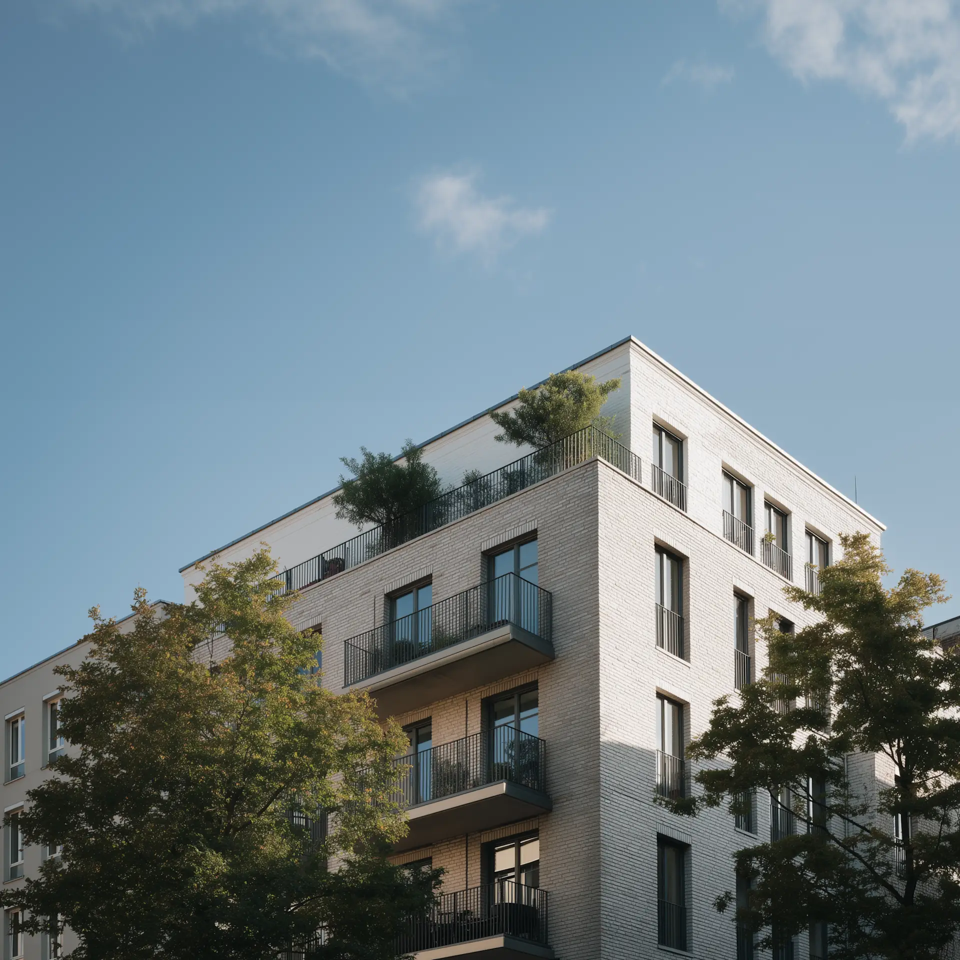 Modernes Wohngebäude mit Balkonen und Pflanzen auf dem Dach, umgeben von Bäumen.