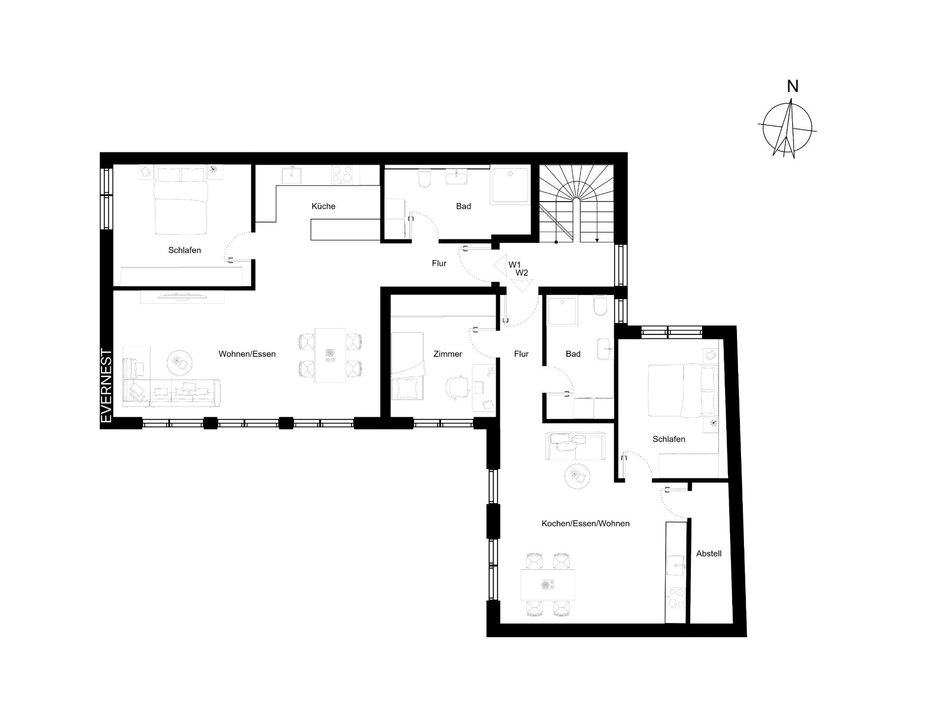 Grundriss einer Wohnung mit zwei Schlafzimmern, zwei Bädern, Küche, Wohnzimmer und Abstellraum.
