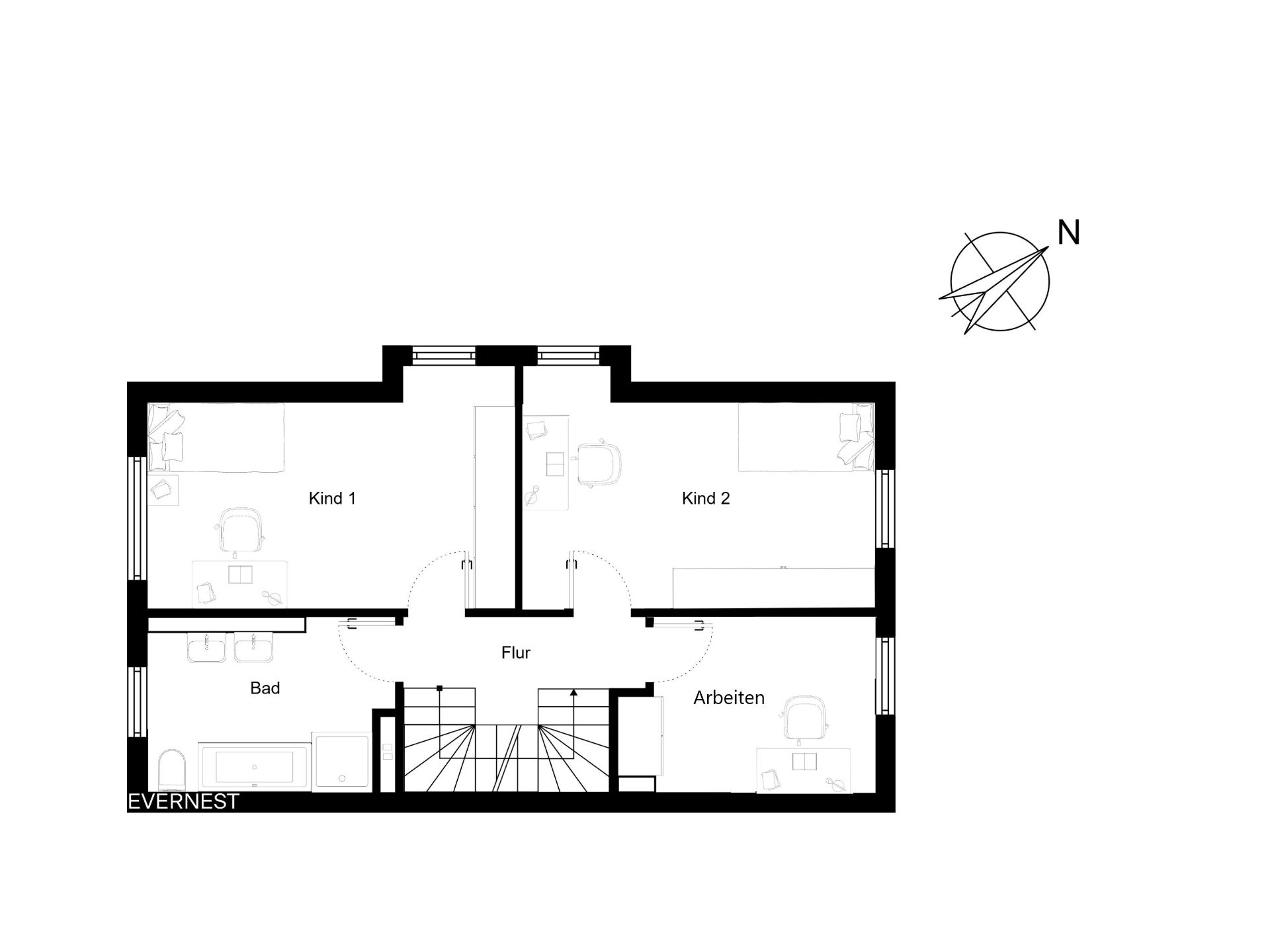 Grundriss mit zwei Kinderzimmern, Bad, Arbeitszimmer und Flur.
