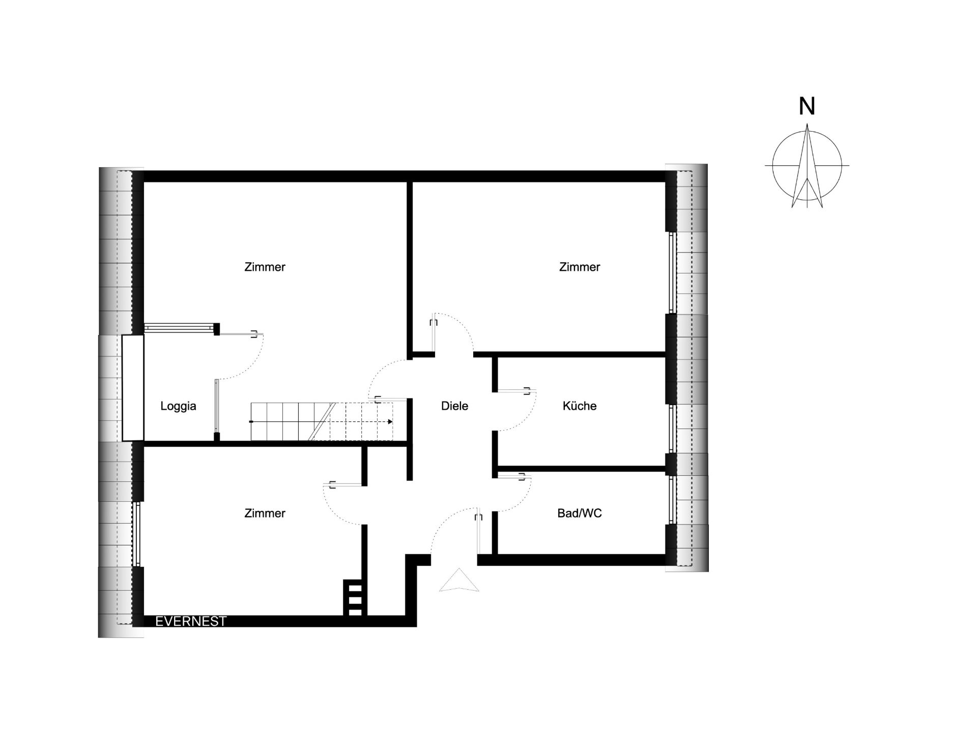 Grundriss mit drei Zimmern, Küche, Bad/WC, Diele und Loggia.