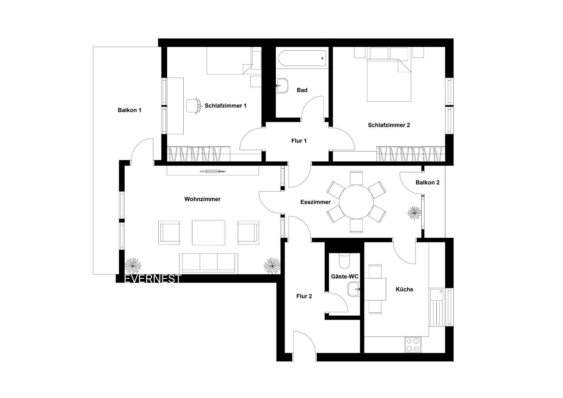 Grundriss einer Wohnung mit zwei Schlafzimmern, Wohnzimmer, Küche, Bad, Gäste-WC, Esszimmer und zwei Balkonen.