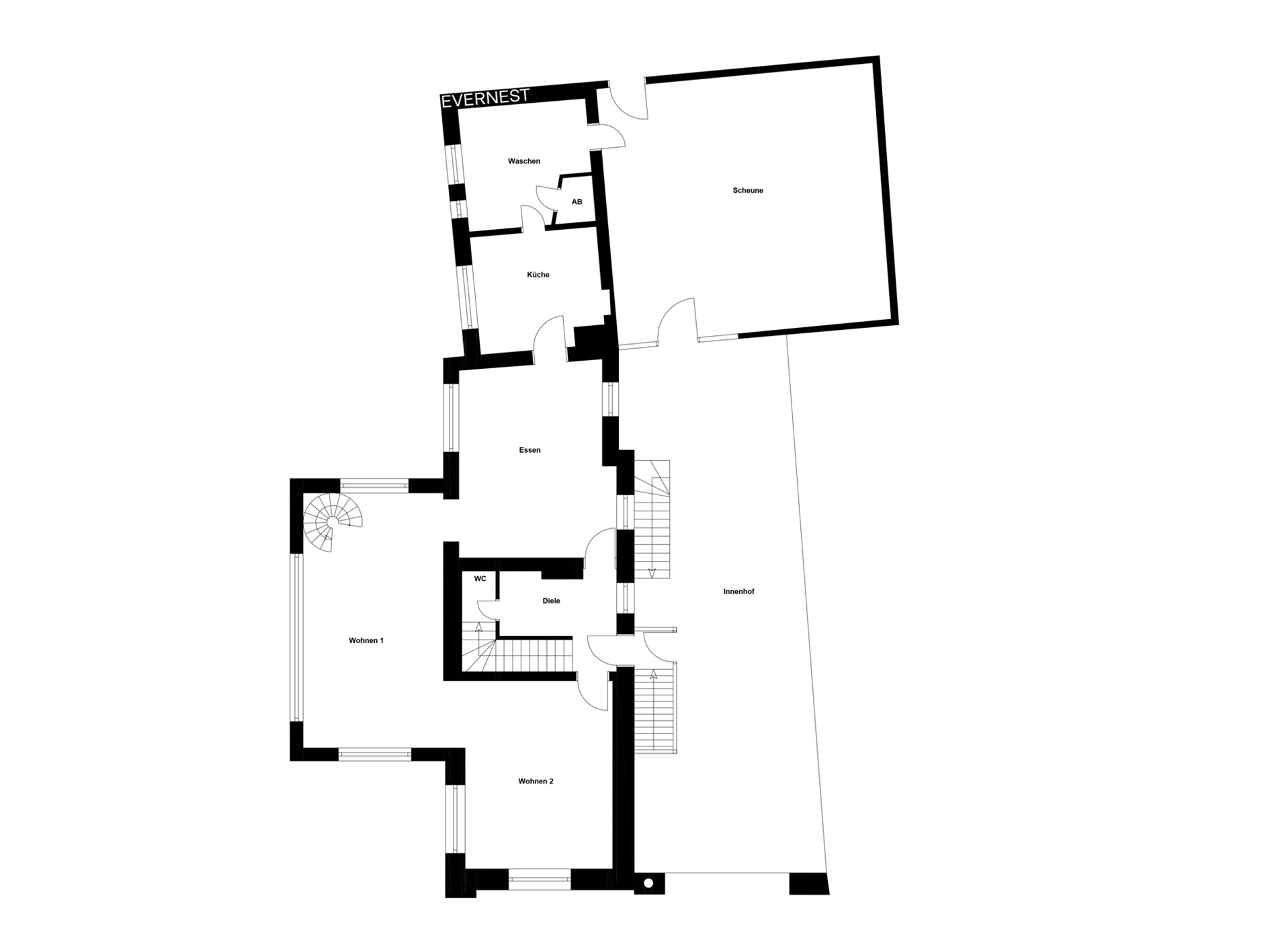 Grundriss mit Räumen: Wohnen, Essen, Küche, Waschen, WC, Diele, Scheune und Innenhof.