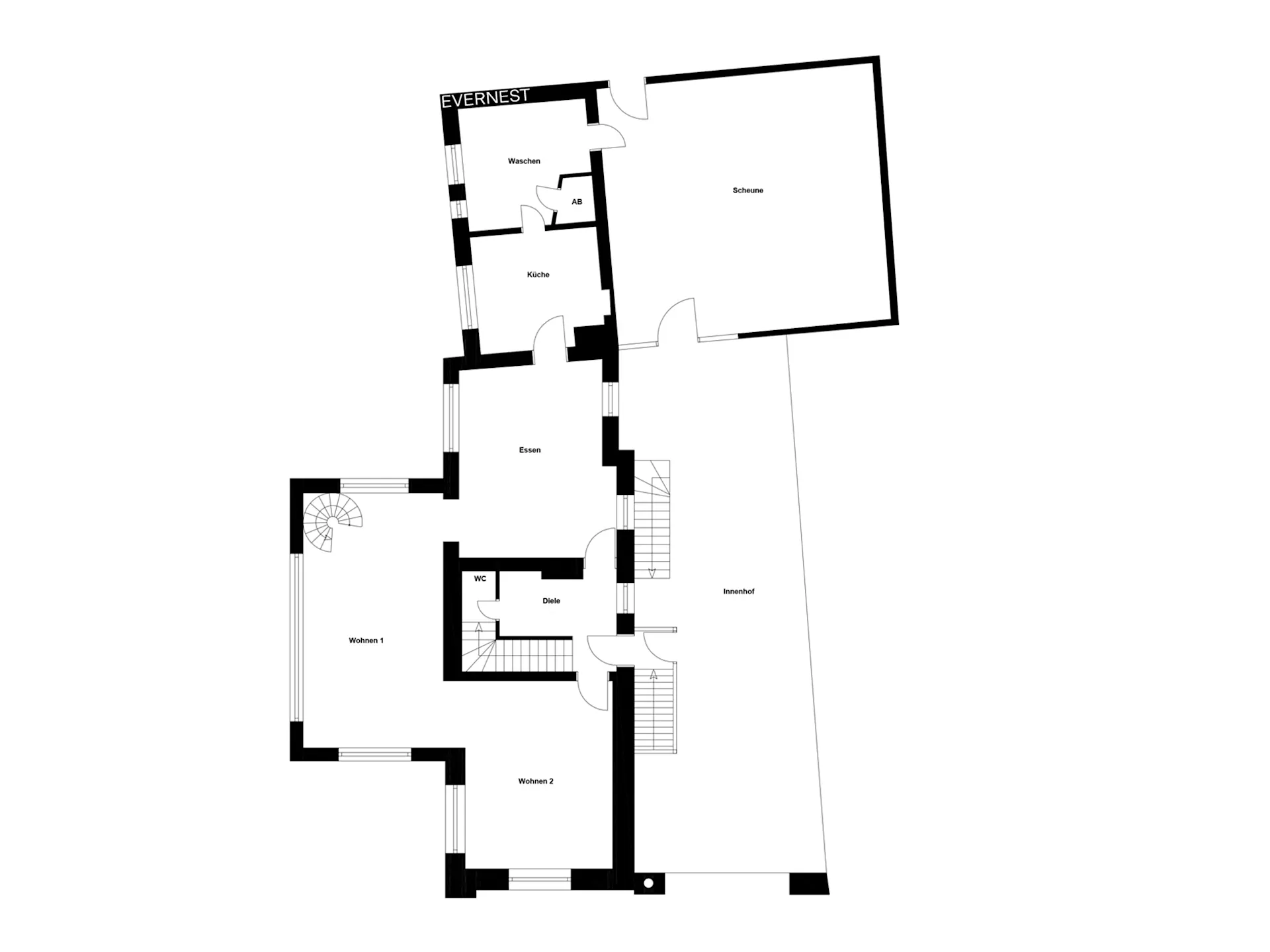 Grundriss mit Räumen: Wohnen, Essen, Küche, Waschen, WC, Diele, Scheune und Innenhof.