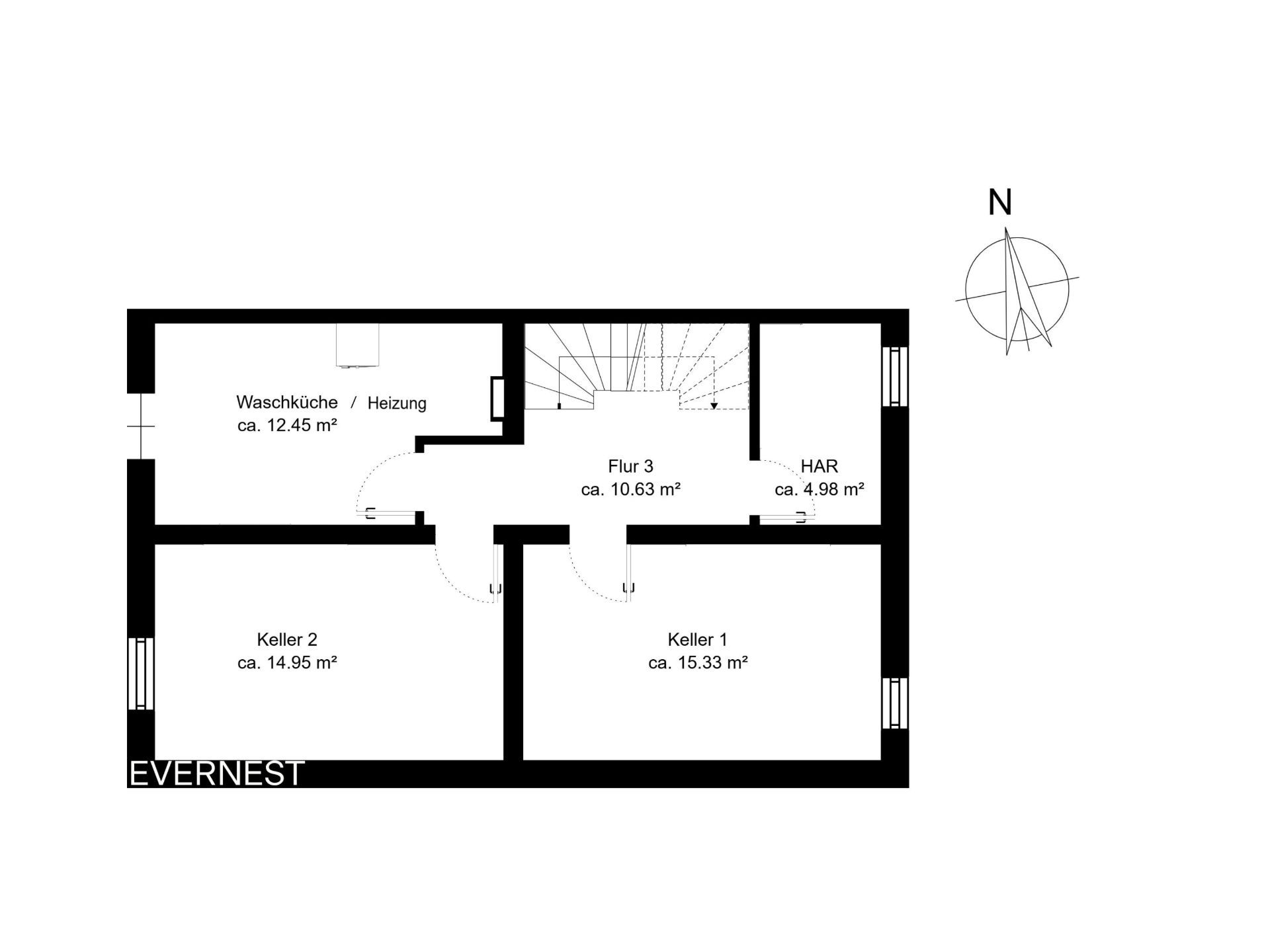Grundriss mit Waschküche, Flur, HAR und zwei Kellerräumen, alle mit Flächenangaben in Quadratmetern.
