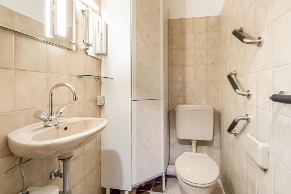Kleines Badezimmer mit Waschbecken, Toilette und mehreren Haltegriffen an der Wand.