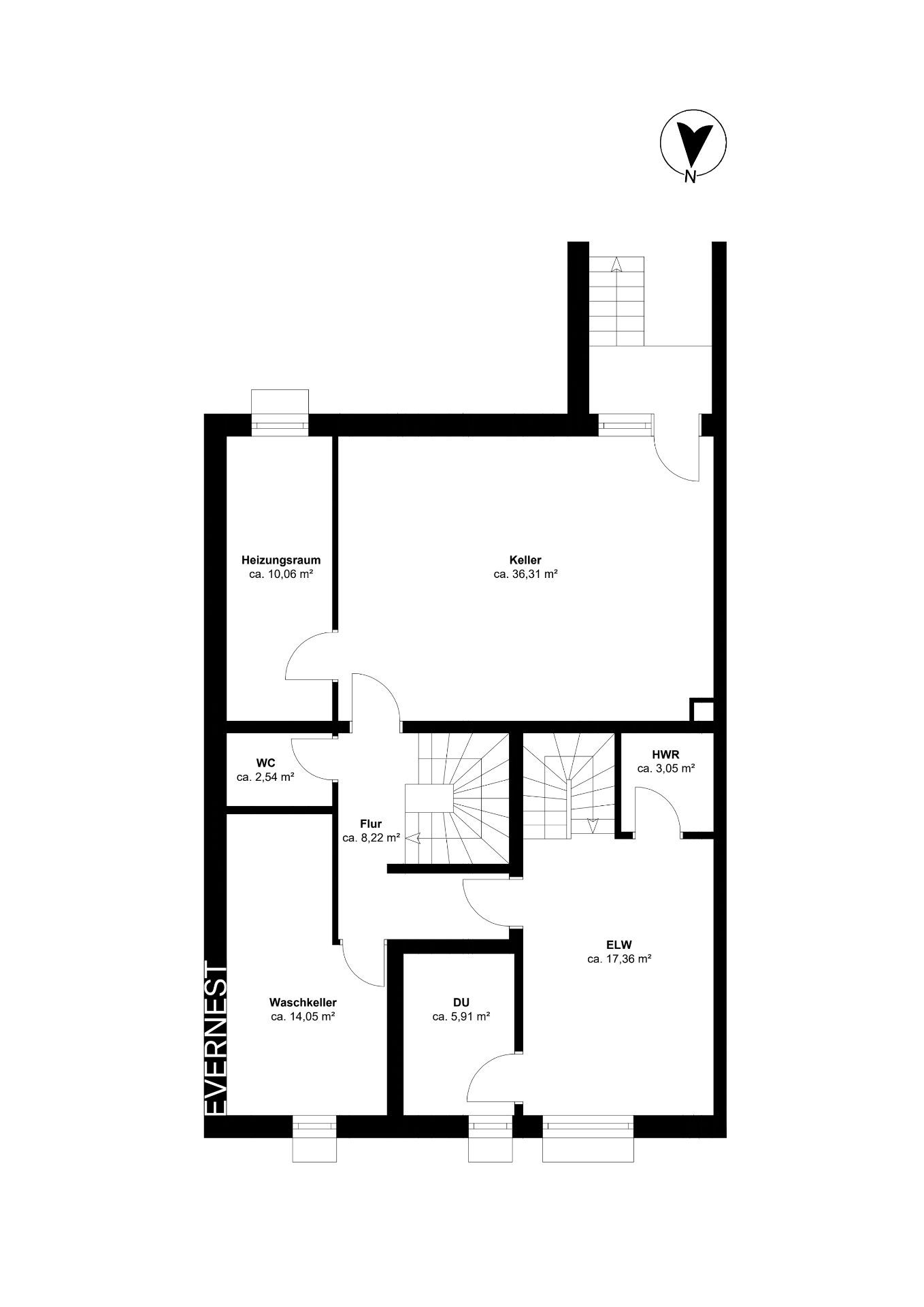 Grundriss eines Kellers mit Heizungsraum, Waschkeller, WC, Flur, Keller, HWR, DU und ELW.