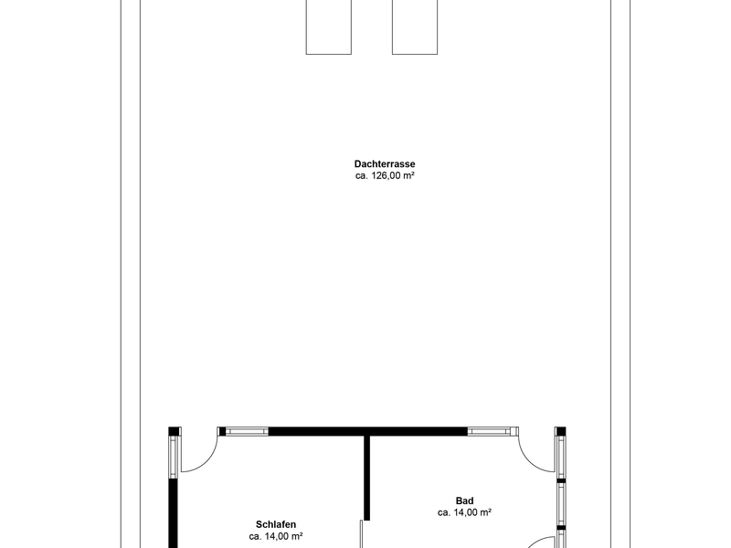 Grundriss mit Dachterrasse, Schlafzimmer und Badezimmer, jeweils mit Flächenangabe.