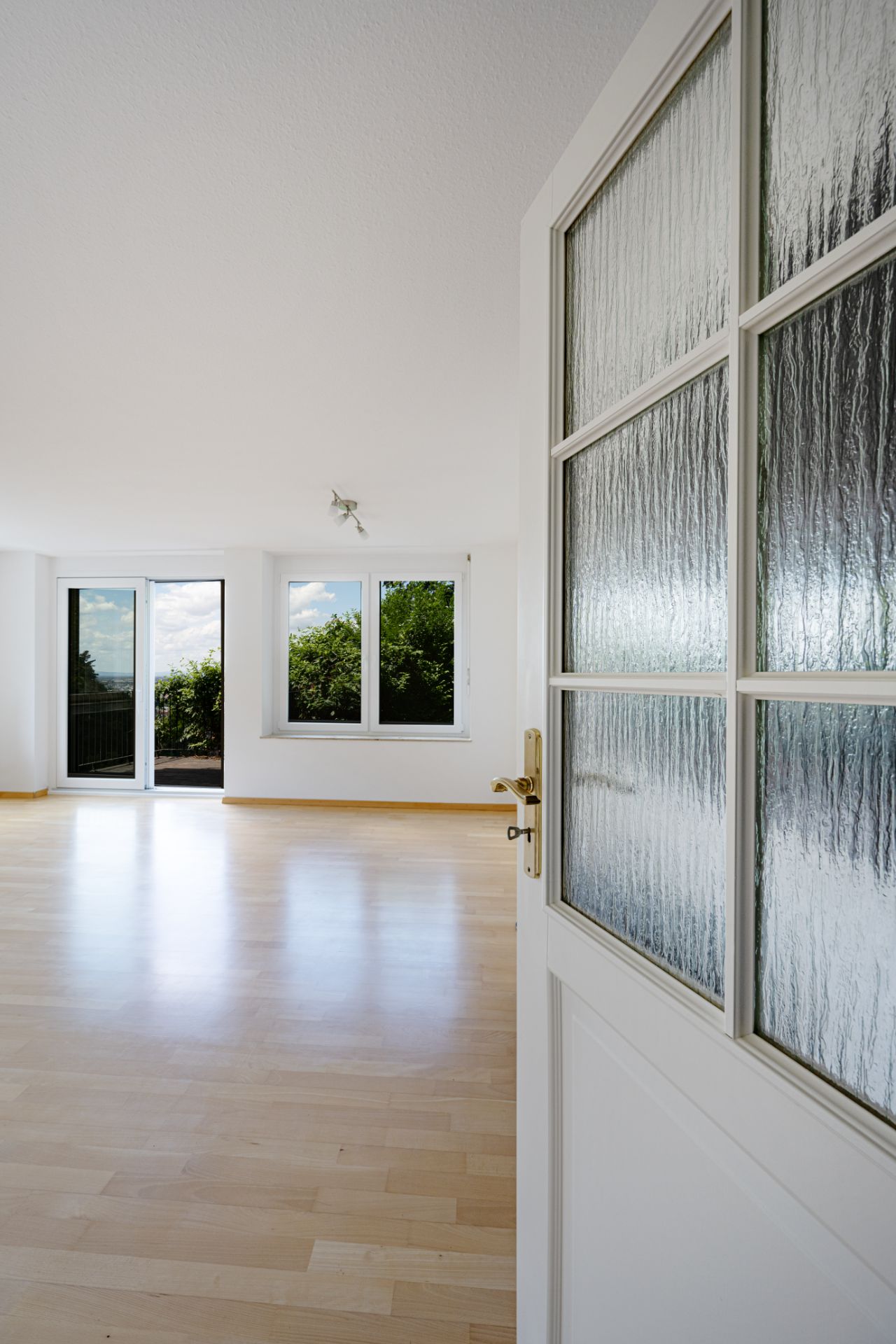 Helles, leeres Zimmer mit Holzboden, großer Fensterfront und Glastür.