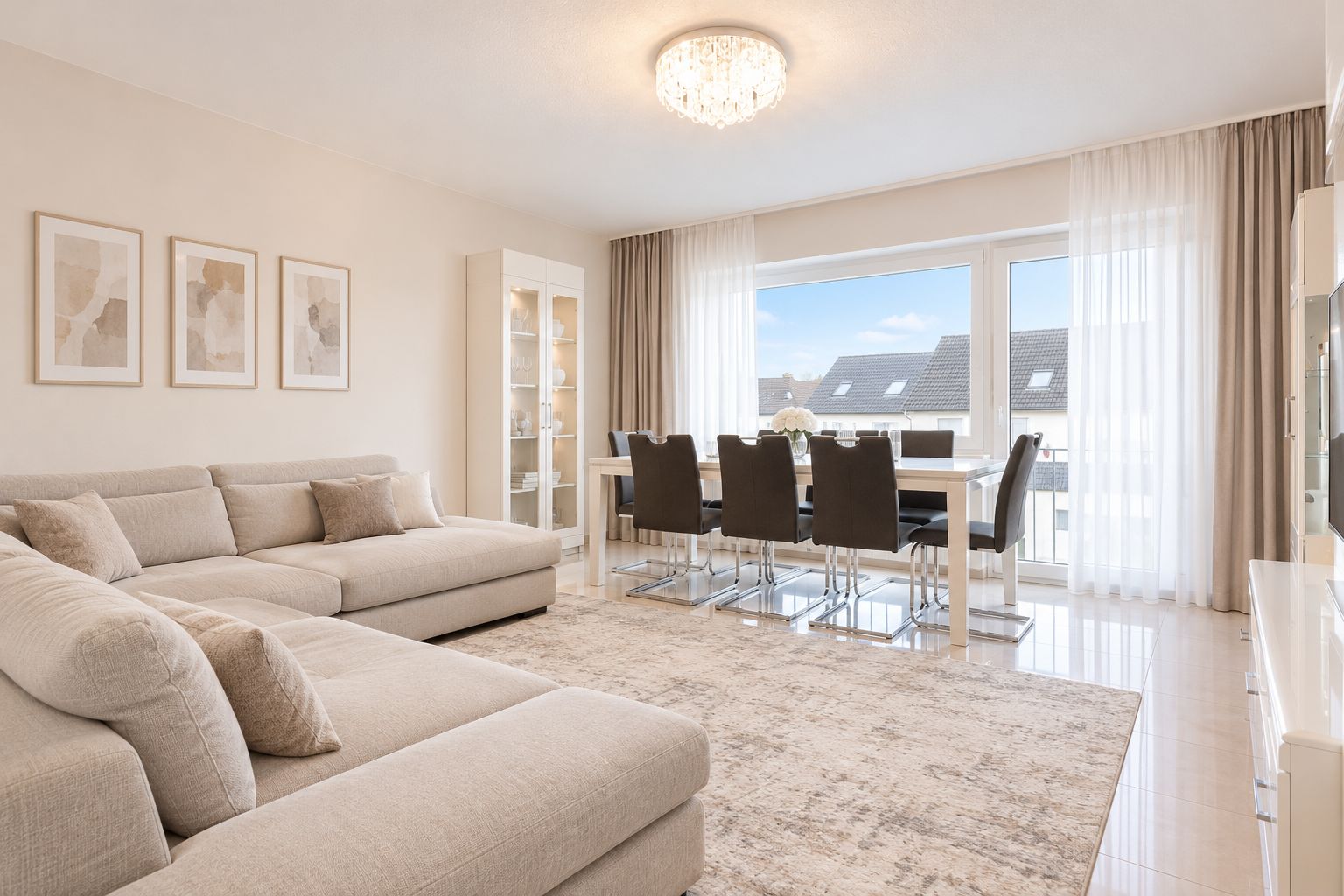 Helles Wohnzimmer mit Ecksofa, Esstisch, acht Stühlen und großem Fenster mit Vorhängen.