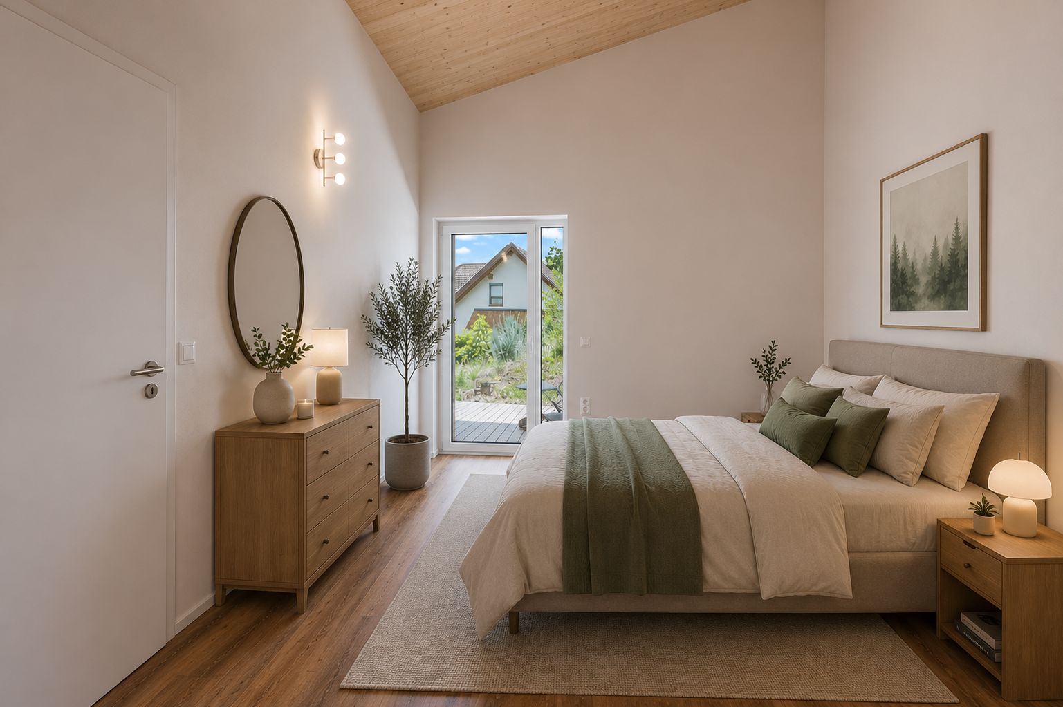 Modernes Schlafzimmer mit Doppelbett, Holzkommode, Spiegel und Tür zum Garten.