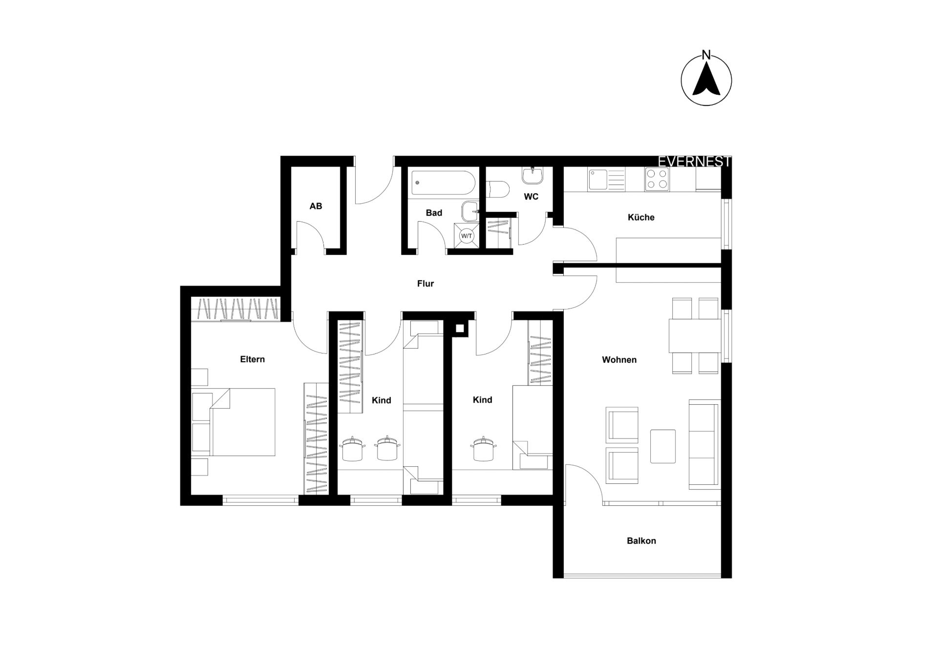 Grundriss einer Wohnung mit Wohnzimmer, Balkon, Küche, Bad, WC, Eltern- und zwei Kinderzimmern.