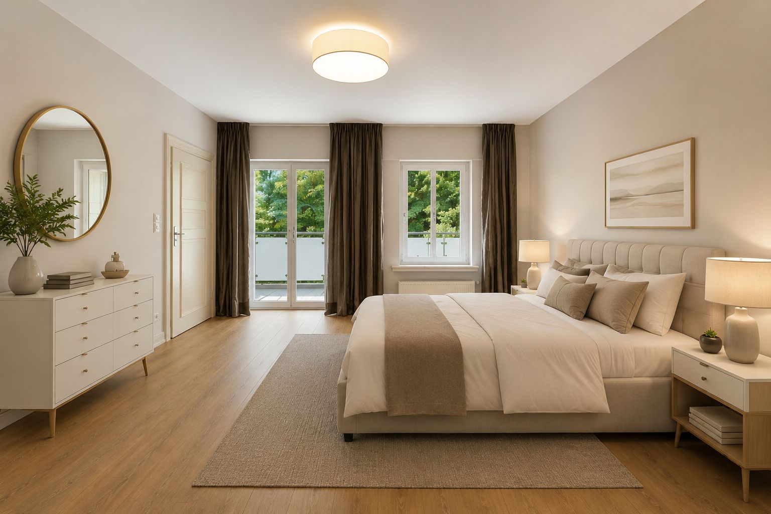 Modernes Schlafzimmer mit Doppelbett, zwei Nachttischen, Kommode und großen Fenstern mit Vorhängen.