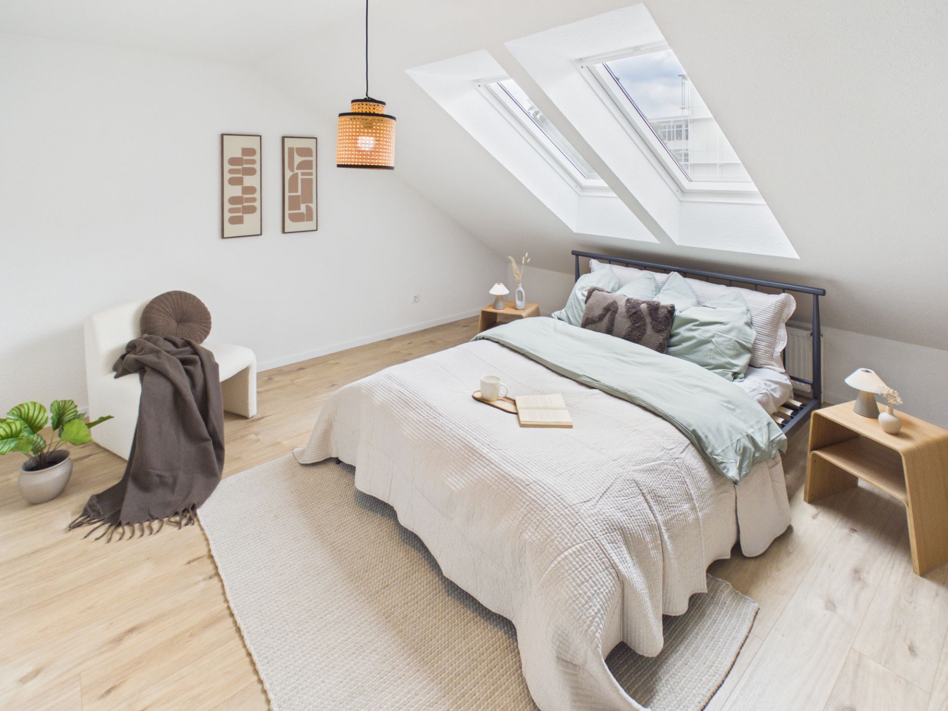Helles Schlafzimmer mit Doppelbett, Dachfenstern, Nachttischen und Sessel auf einem Holzfußboden.