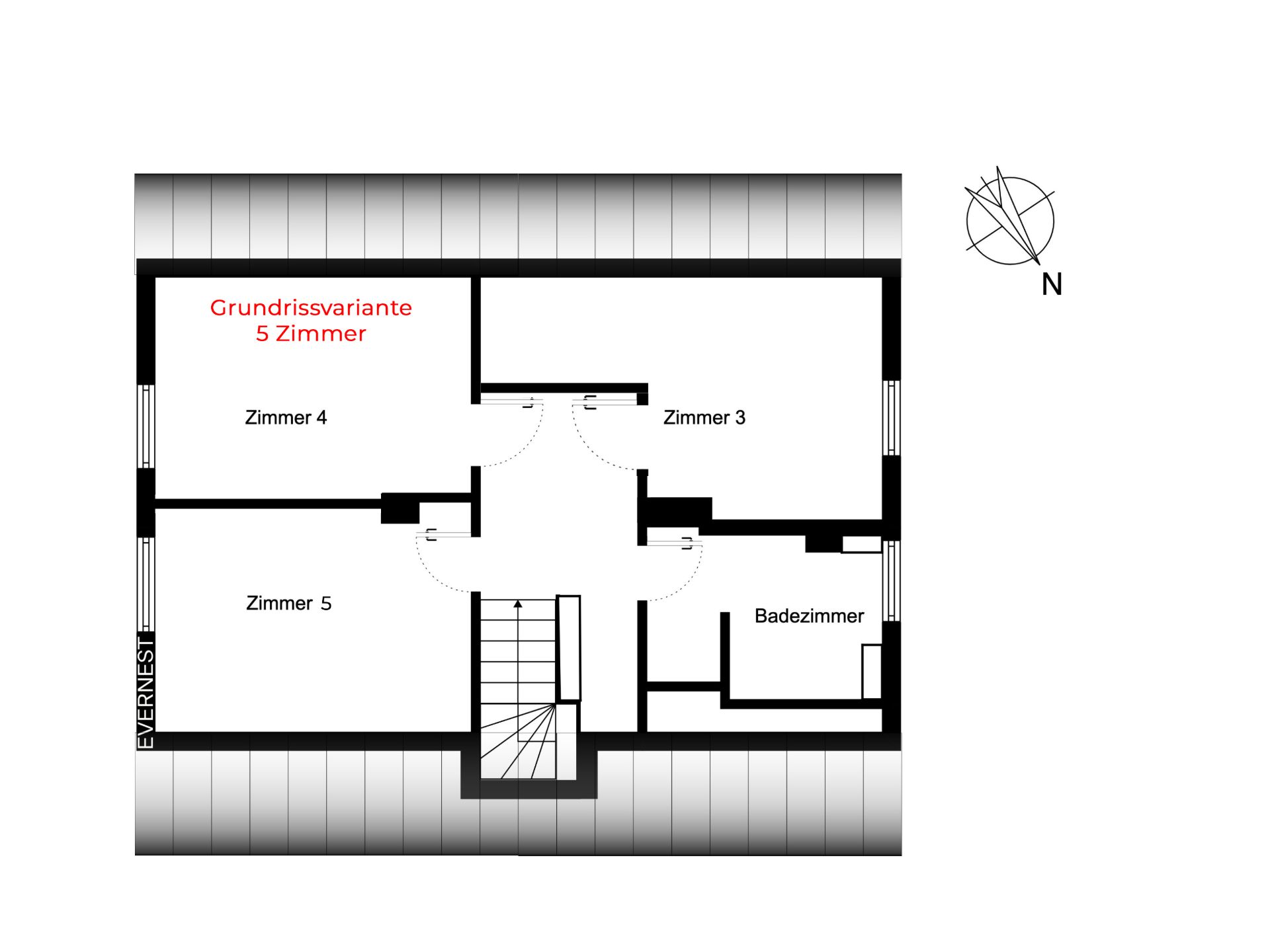 Grundriss mit Treppe, drei Zimmern und Badezimmer, Räume sind beschriftet.