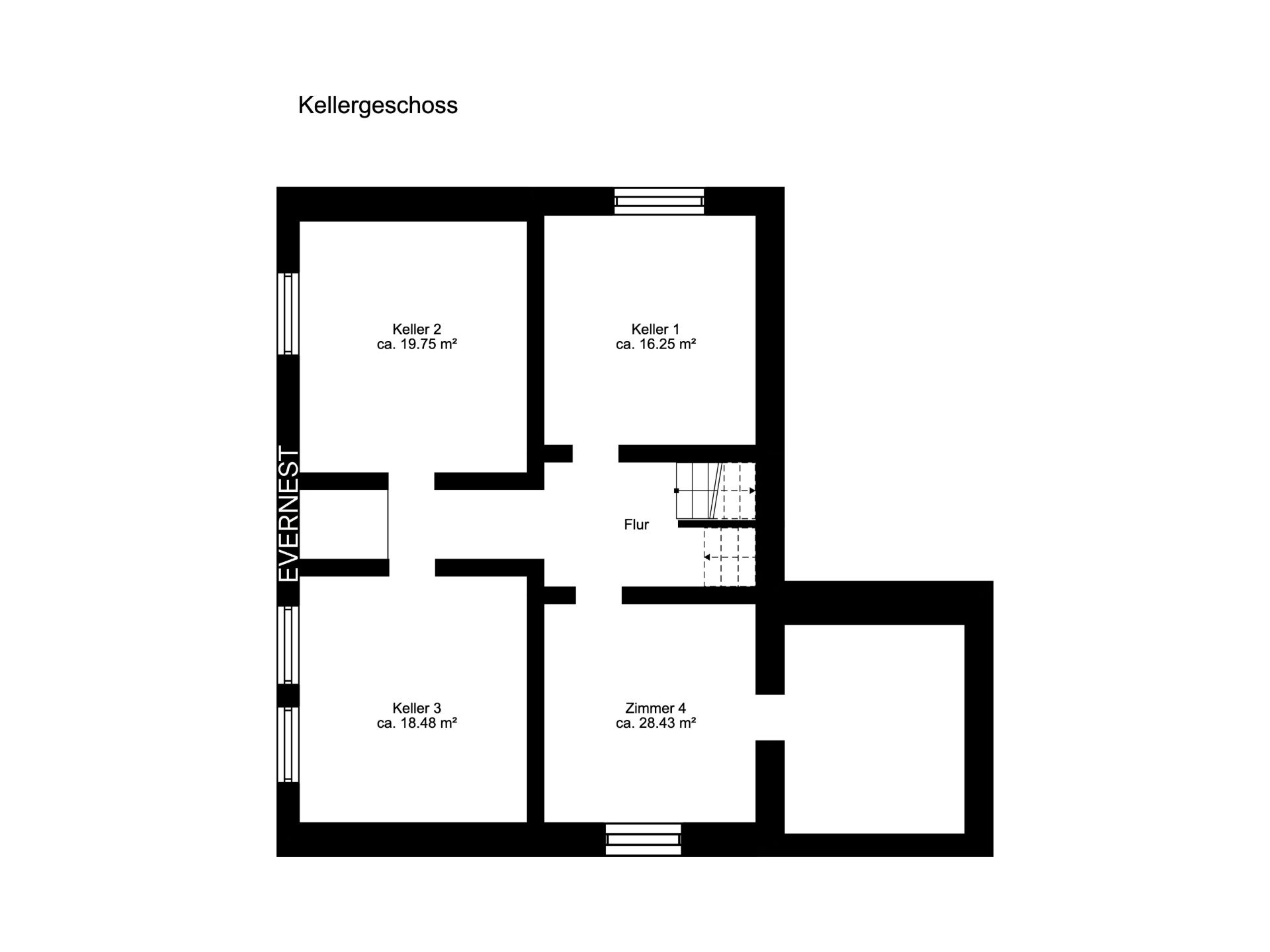 Grundriss des Kellers mit drei Kellerräumen, einem Zimmer und Flur.