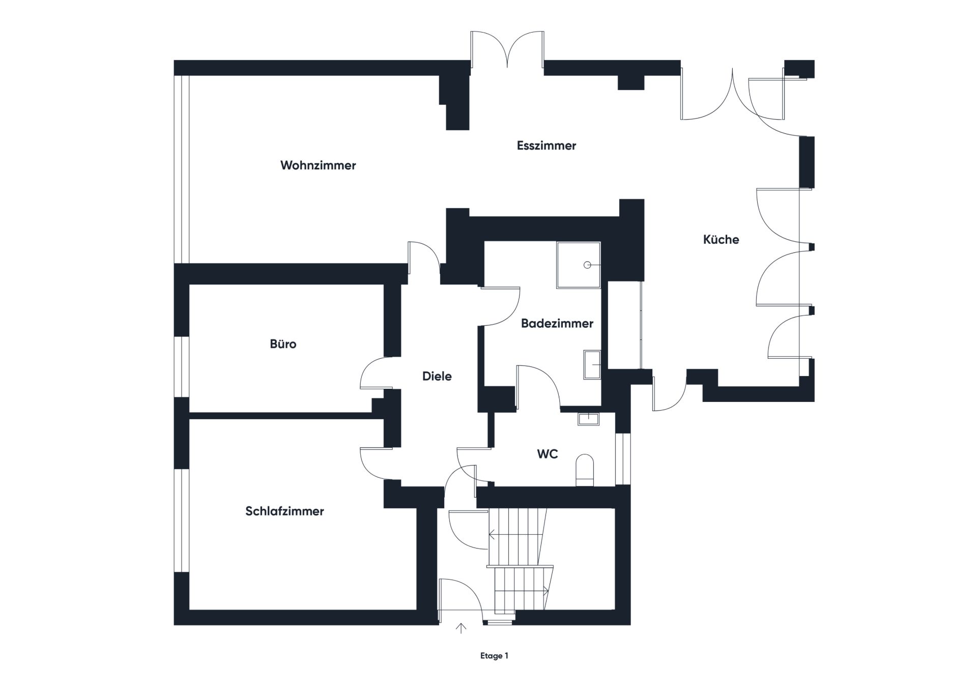 Grundriss einer Wohnung mit Wohnzimmer, Esszimmer, Küche, Büro, Schlafzimmer, Bad und WC.