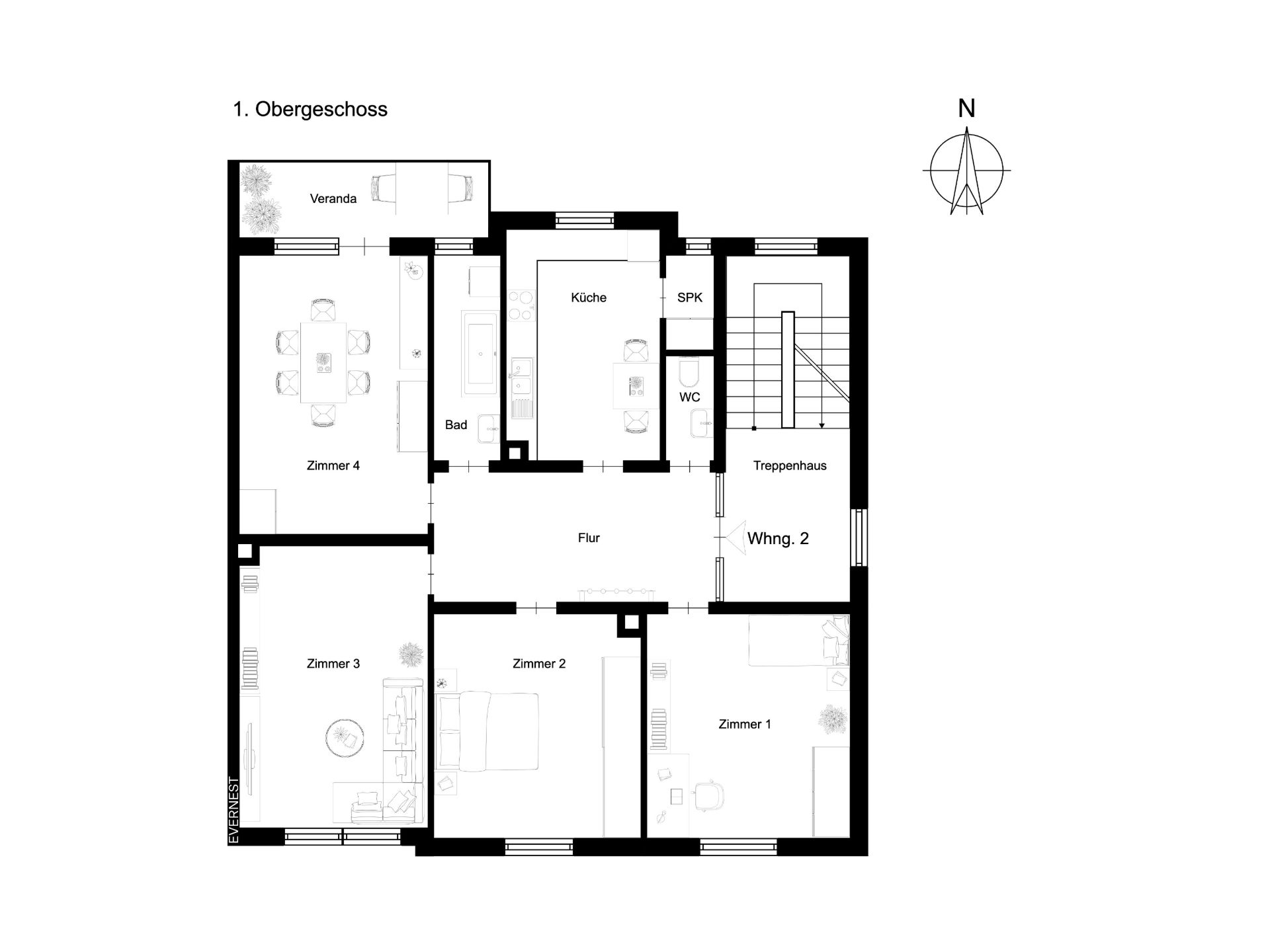 Grundriss einer Wohnung mit vier Zimmern, Küche, Bad, WC, Flur, Veranda und Treppenhaus.