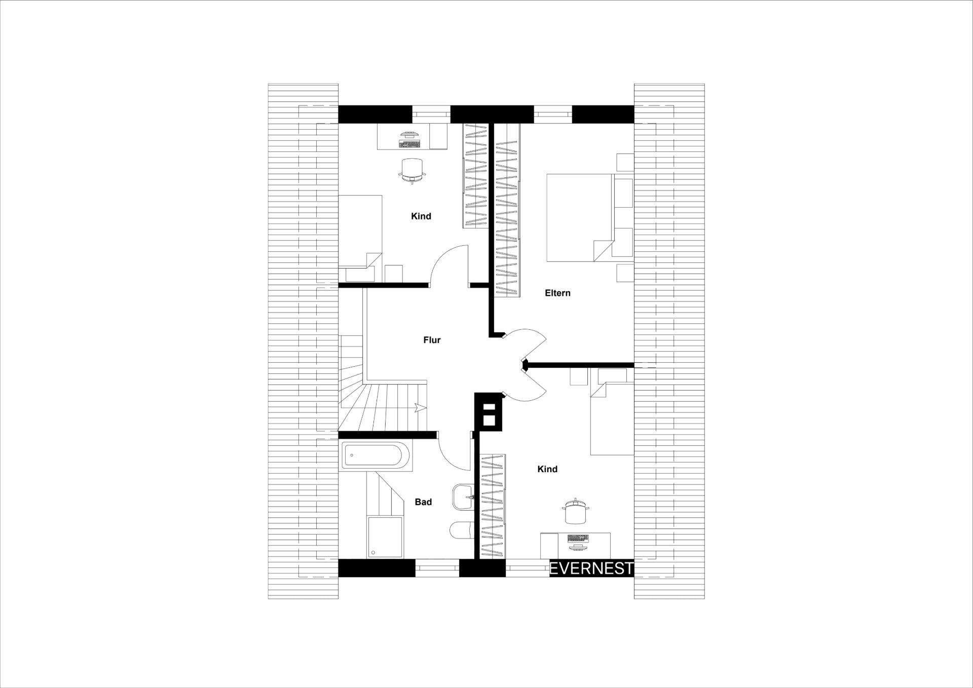 Grundriss mit drei Kinderzimmern, Elternschlafzimmer, Bad und Flur.
