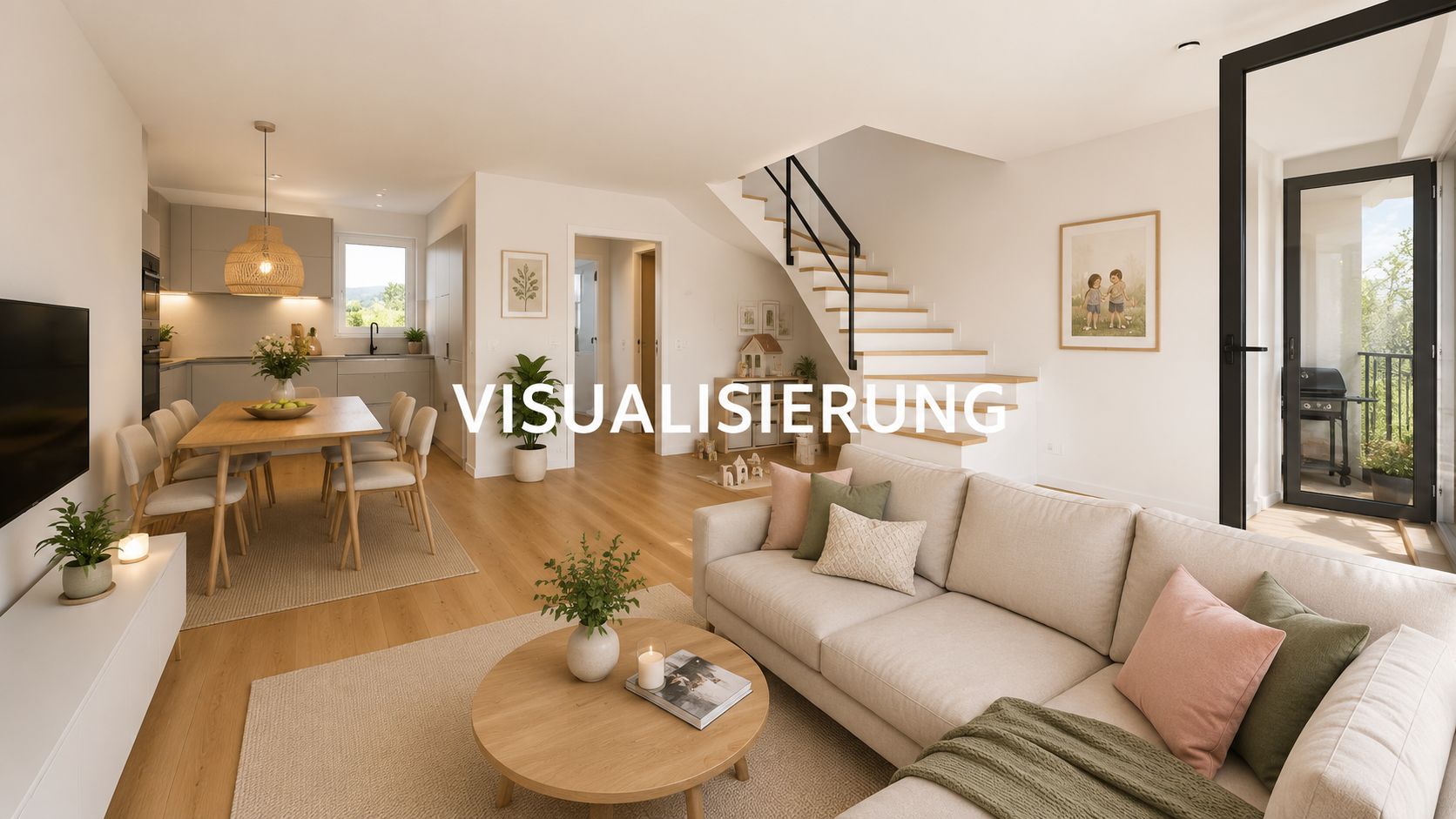 Helles Wohnzimmer mit Sofa, Esstisch, offener Küche, Treppe und Zugang zum Balkon.