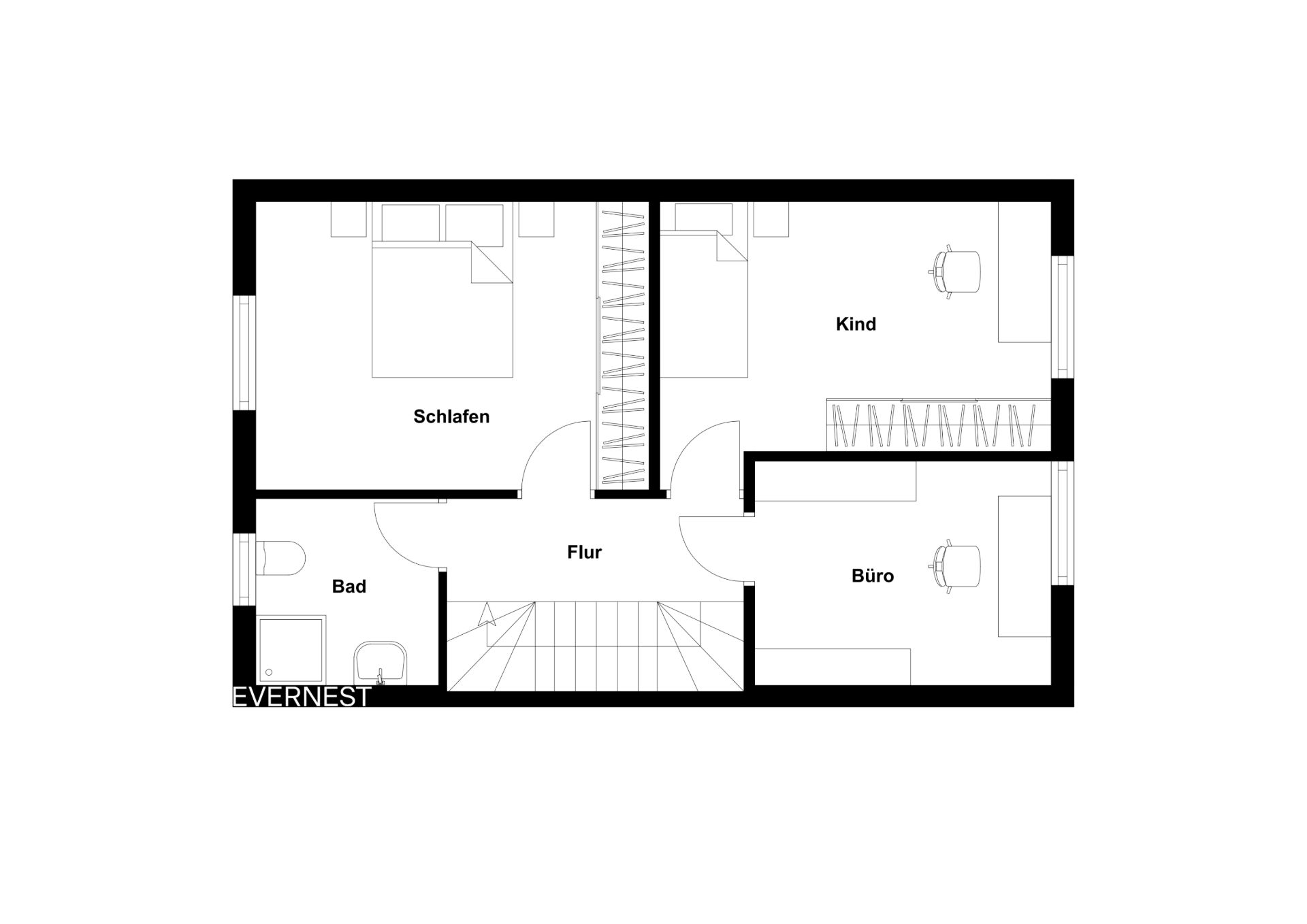 Grundriss mit Schlafzimmer, Kinderzimmer, Büro, Bad und Flur.