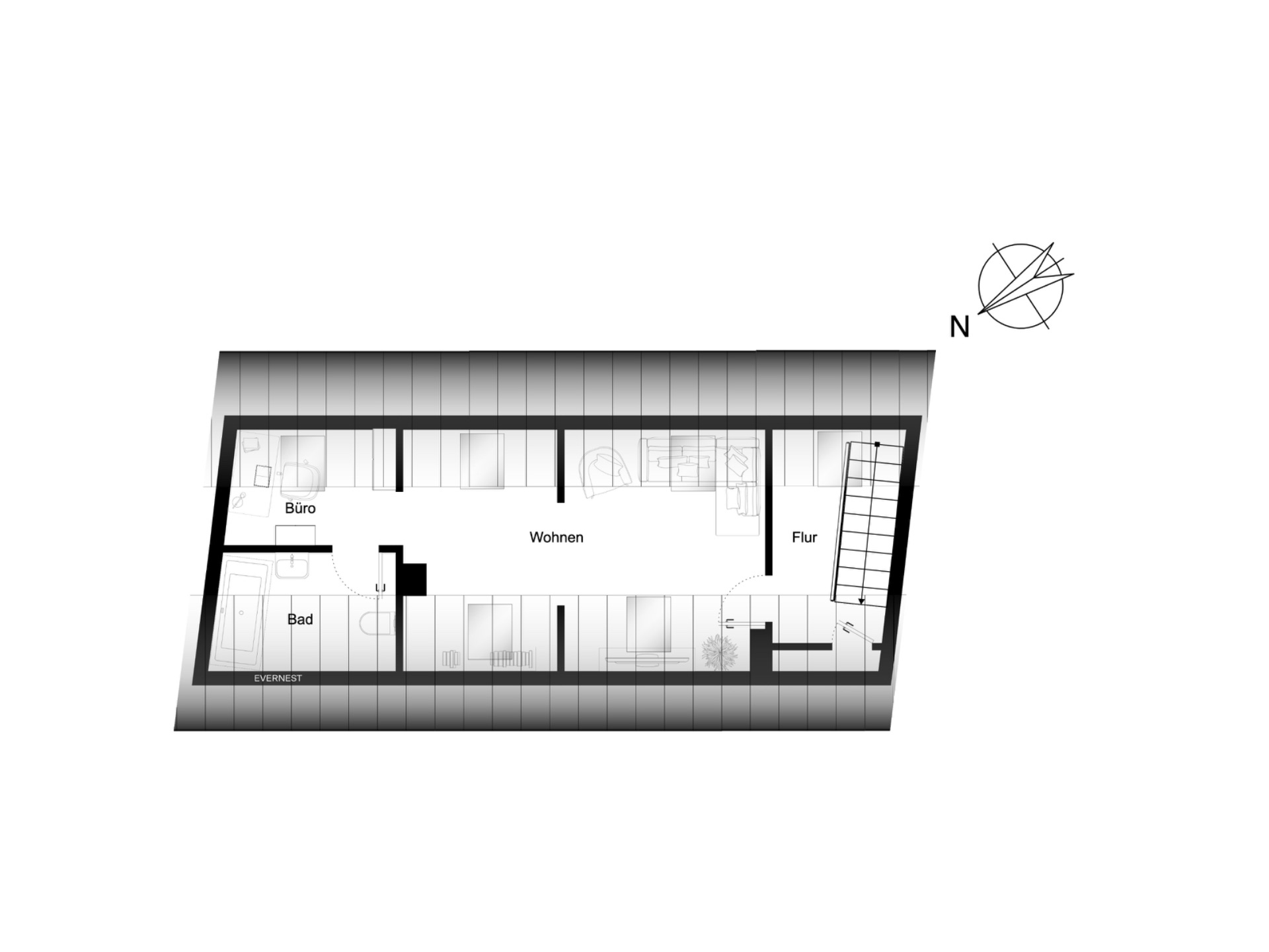 Grundriss mit Wohnbereich, Büro, Bad und Flur, Treppe rechts, Nordpfeil oben rechts.