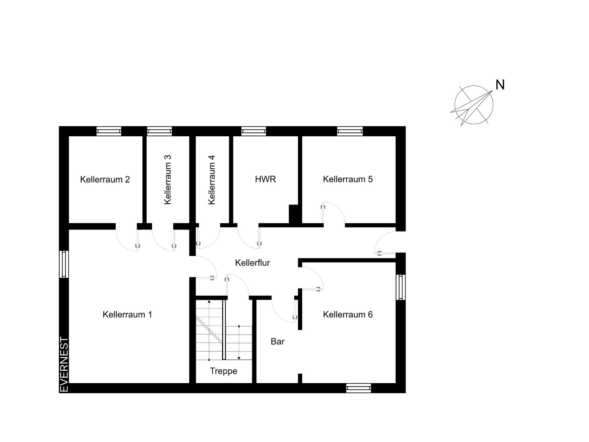 Grundriss eines Kellers mit sechs Kellerräumen, Flur, Bar, HWR und Treppe.