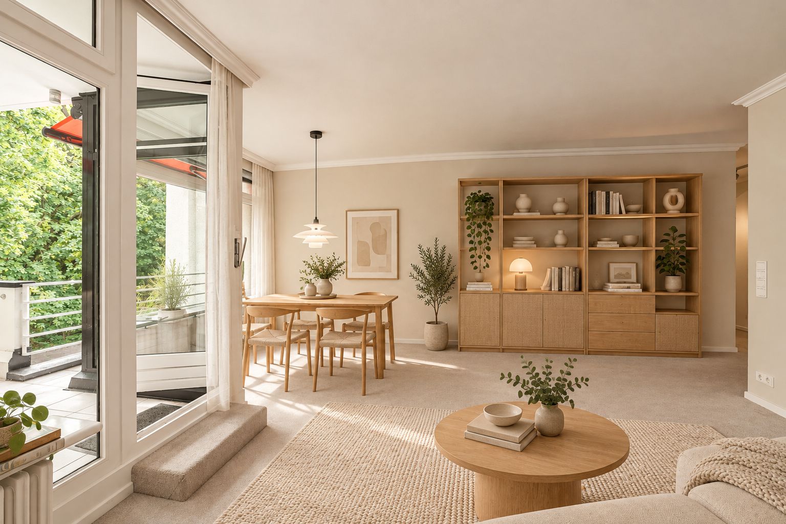 Helles Wohnzimmer mit Essbereich, Holzmöbeln, Regalwand und Zugang zu einem Balkon.