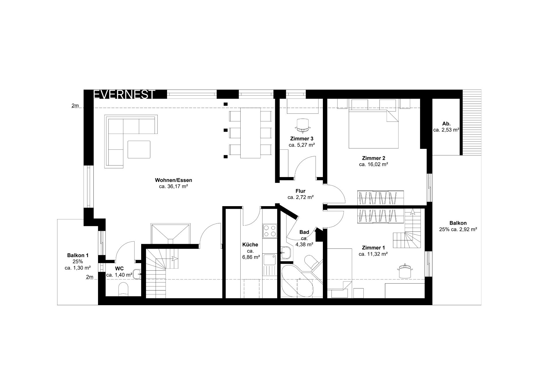 Grundriss einer Wohnung mit drei Zimmern, Küche, Bad, WC und zwei Balkonen.