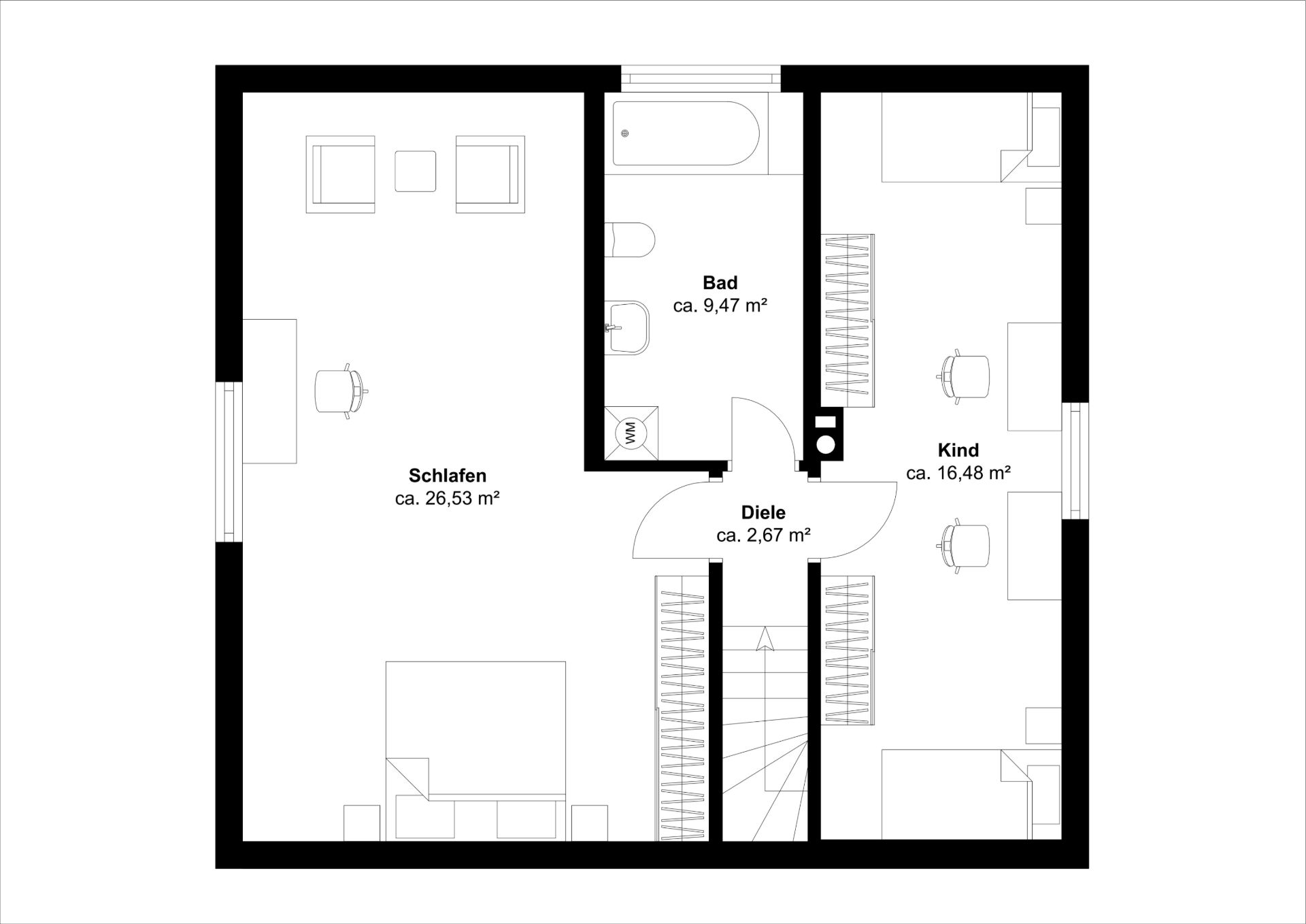 Grundriss mit Schlafzimmer, Kinderzimmer, Bad und Diele.