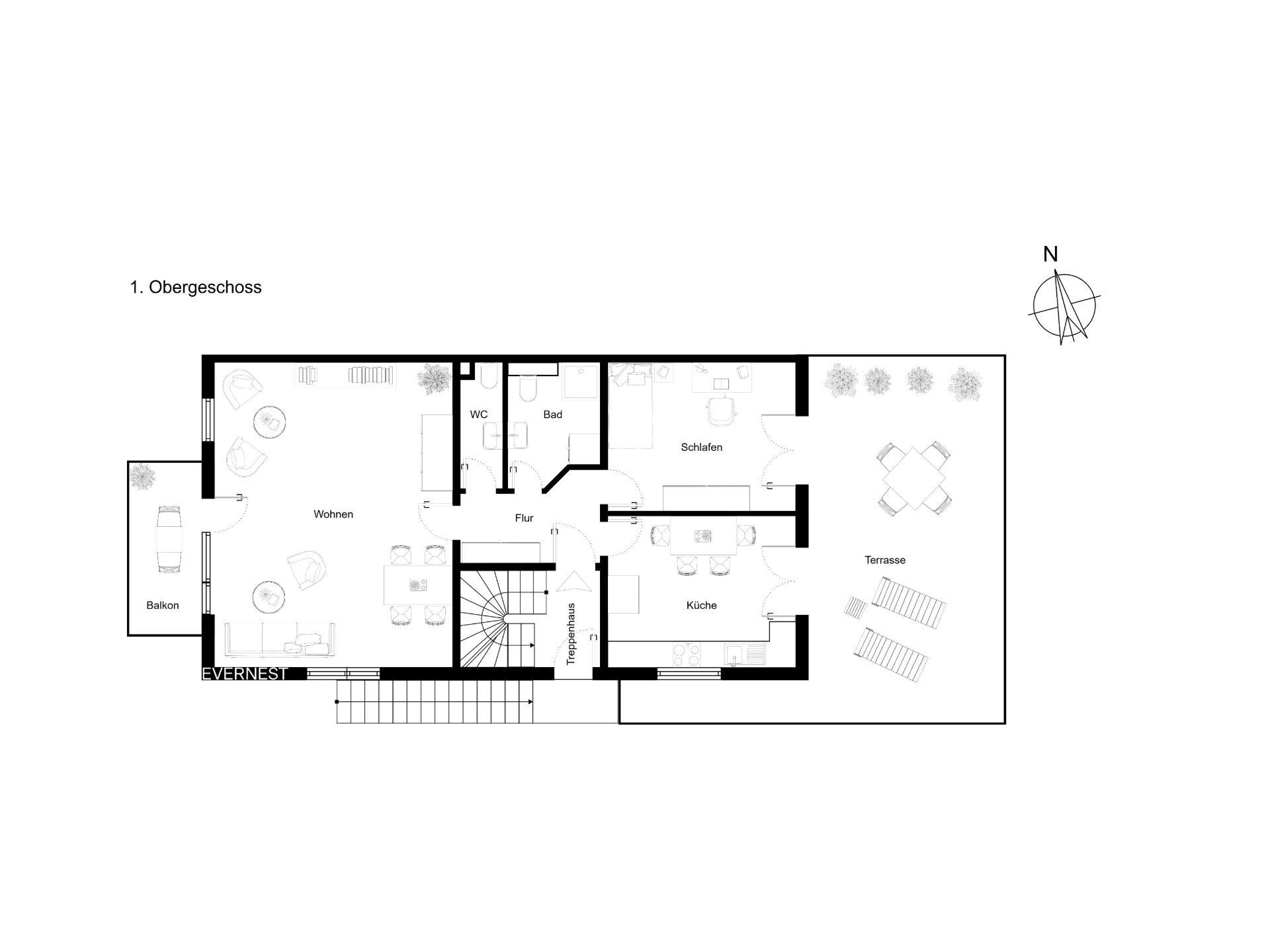 Grundriss des ersten Obergeschosses mit Wohnzimmer, Schlafzimmer, Küche, Bad, Balkon und Terrasse.