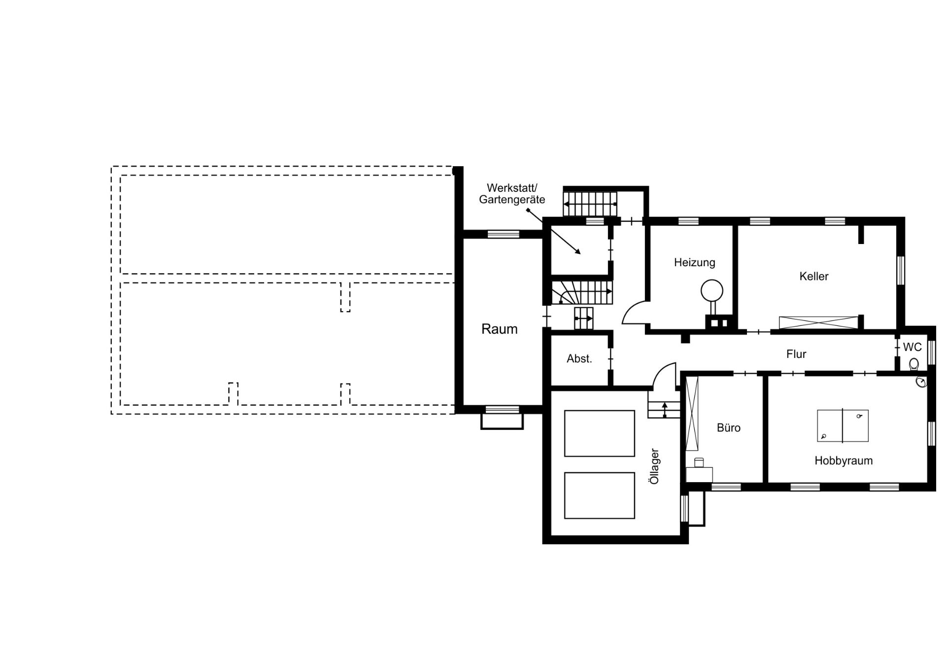 Grundriss mit Werkstatt, Heizung, Keller, Flur, WC, Büro, Hobbyraum und Lagerraum.