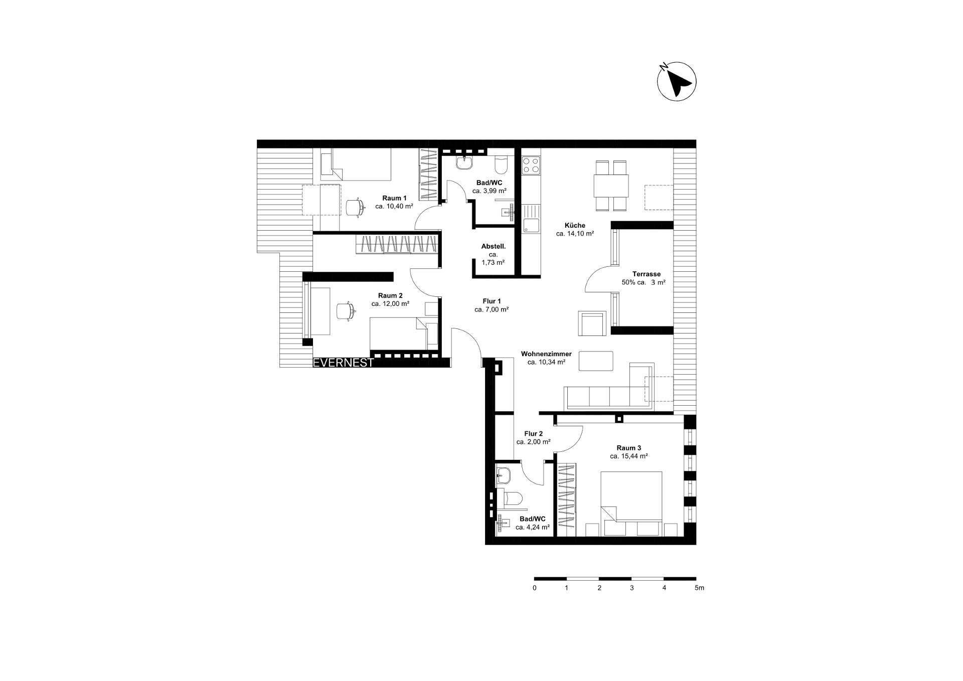Grundriss einer Wohnung mit drei Zimmern, Küche, zwei Bädern, Terrasse und Wohnzimmer.