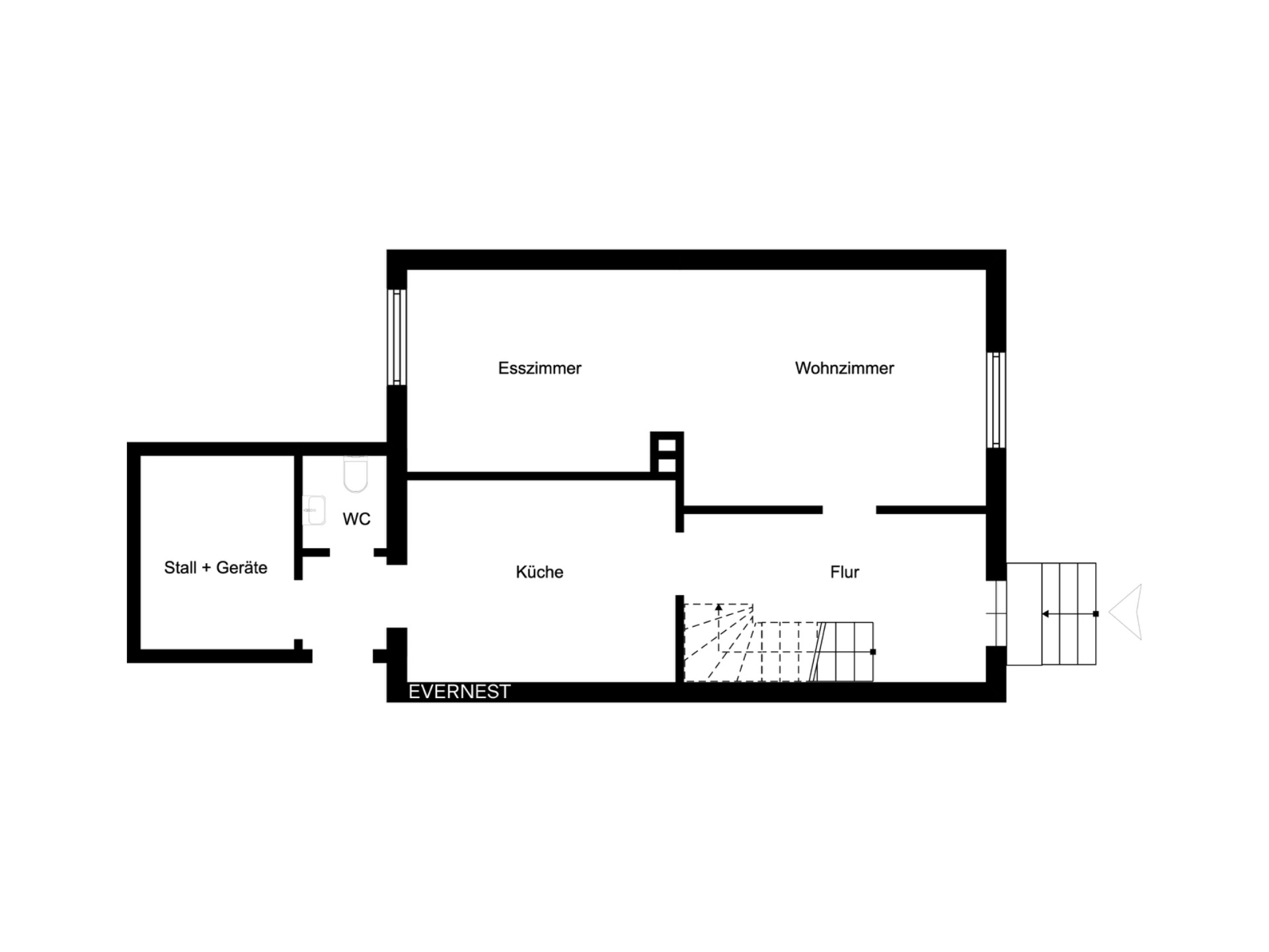 Grundriss mit Esszimmer, Wohnzimmer, Küche, Flur, WC und Stallraum.