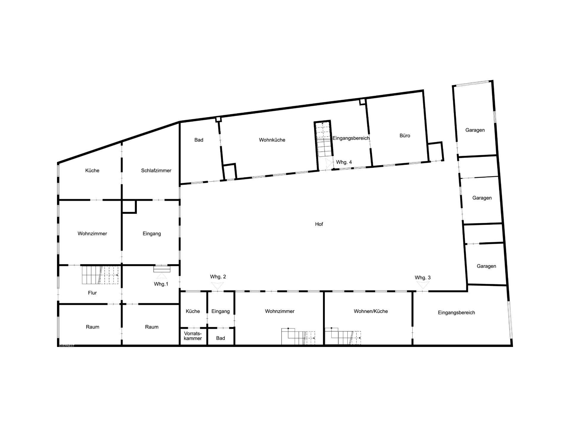 Grundriss einer Wohnanlage mit Wohnungen, Garagen und Innenhof.